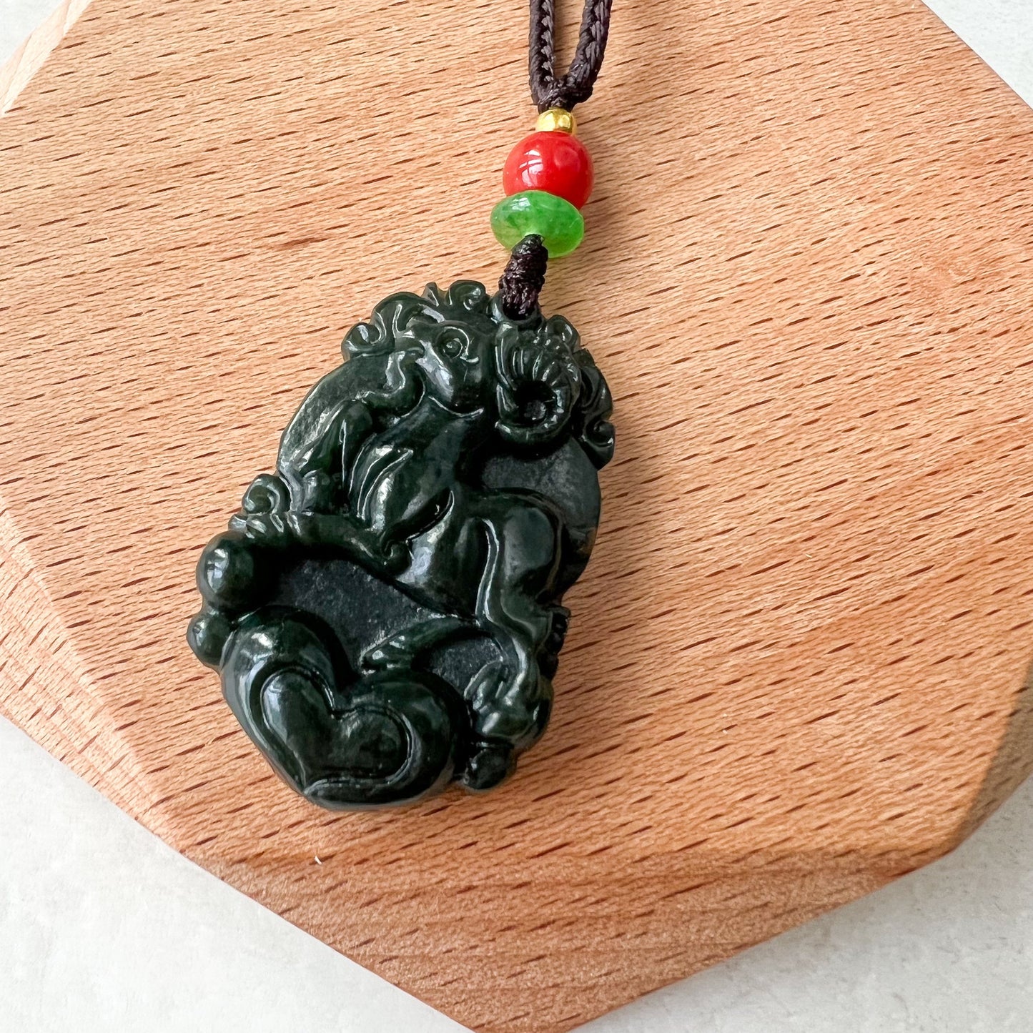 Sheep Goat Ram Chinese Zodiac Carved, Dark Green Nephrite Jade Pendant Necklace, RM-1221-1655274295 - AriaDesignCollection