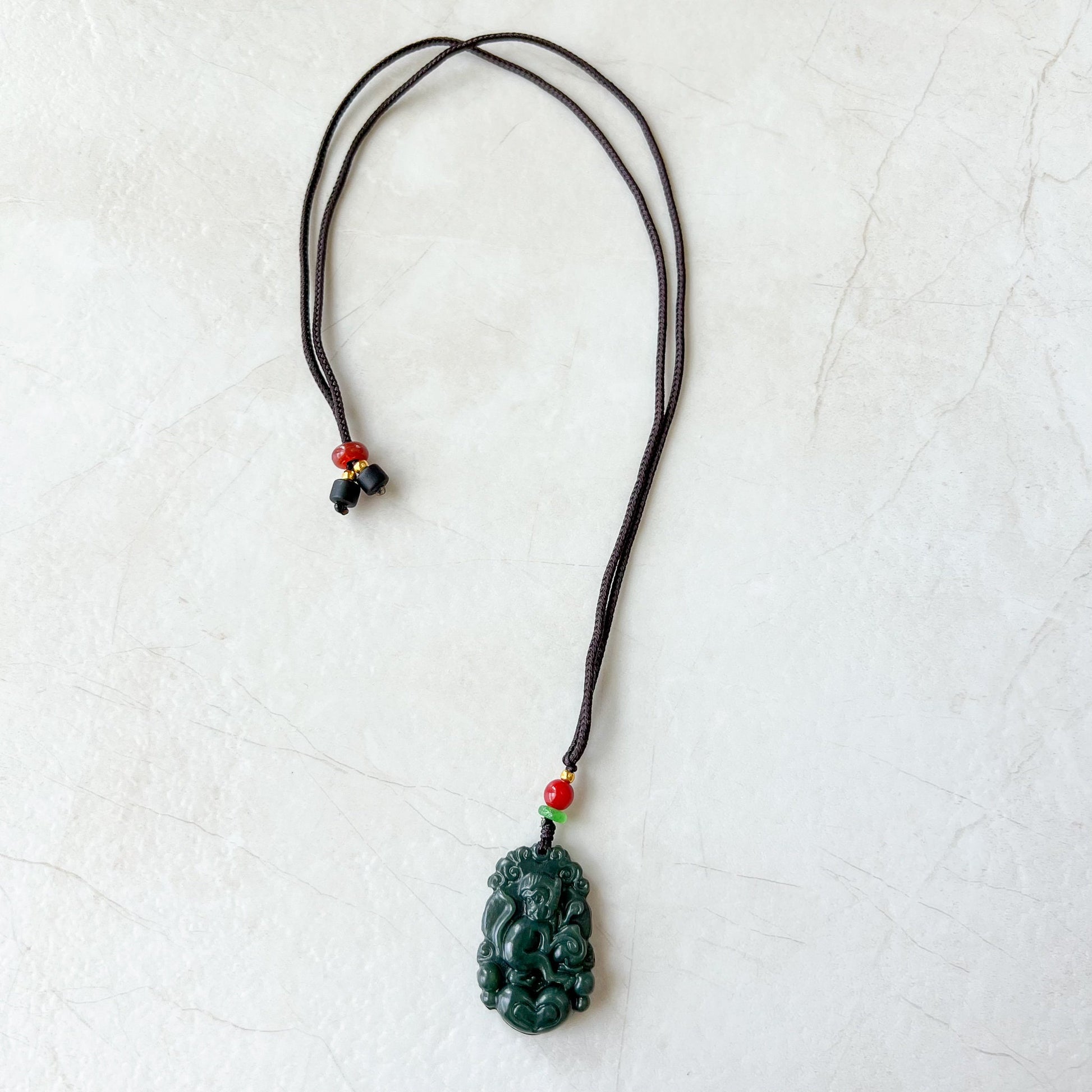 Monkey Chinese Zodiac Carved Pendant Necklace, Dark Green Nephrite Jade Necklace with Heart, RM-1221-1655303438 - AriaDesignCollection