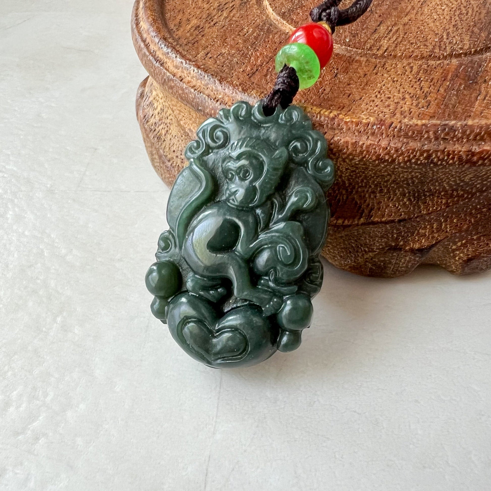 Monkey Chinese Zodiac Carved Pendant Necklace, Dark Green Nephrite Jade Necklace with Heart, RM-1221-1655303438 - AriaDesignCollection