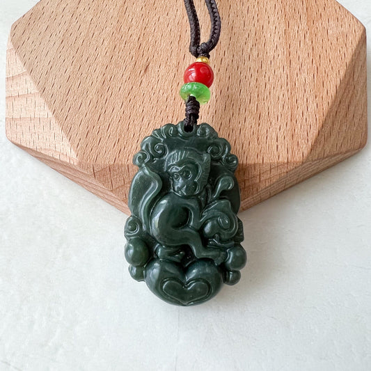 Monkey Chinese Zodiac Carved Pendant Necklace, Dark Green Nephrite Jade Necklace with Heart, RM-1221-1655303438 - AriaDesignCollection