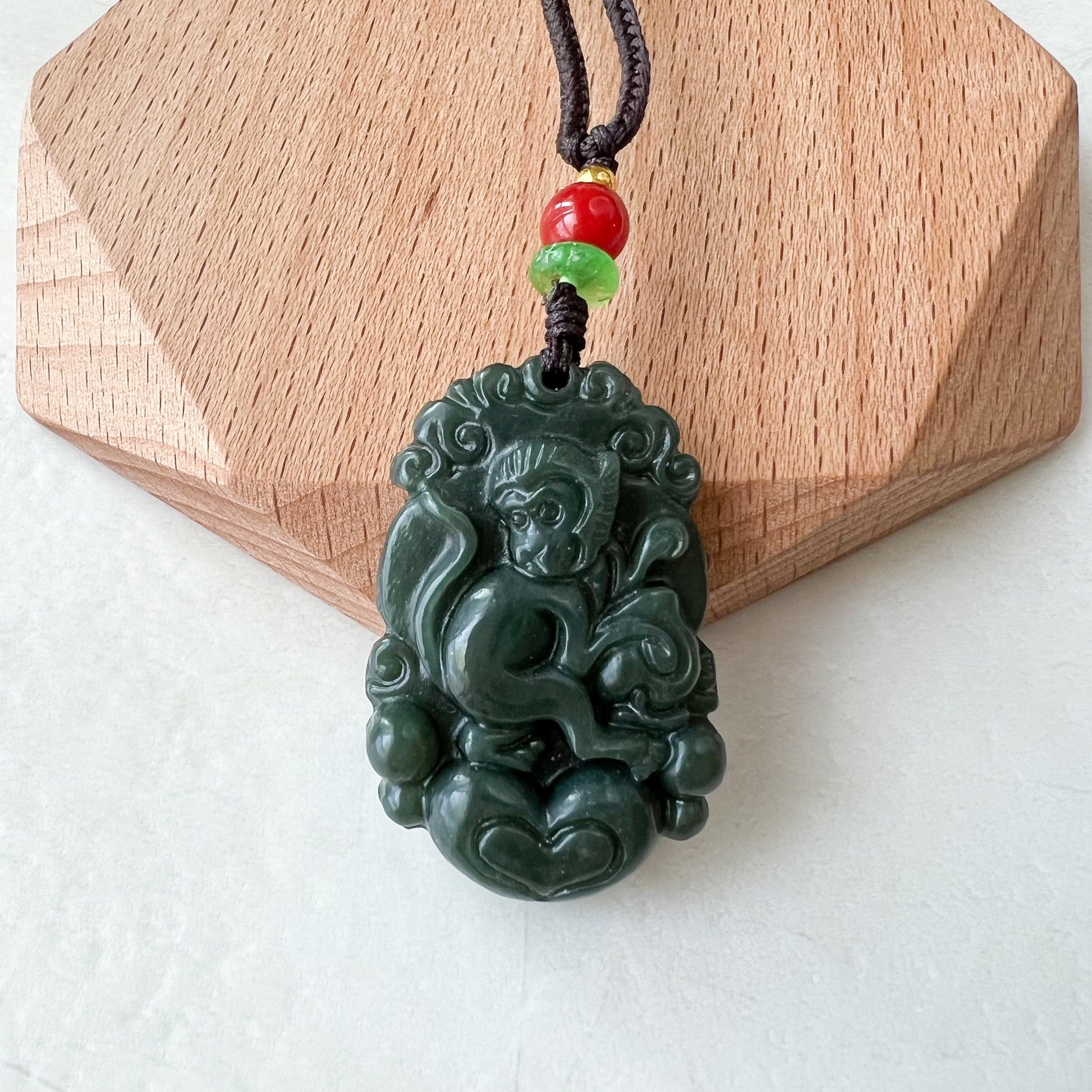 Monkey Chinese Zodiac Carved Pendant Necklace, Dark Green Nephrite Jade Necklace with Heart, RM-1221-1655303438 - AriaDesignCollection