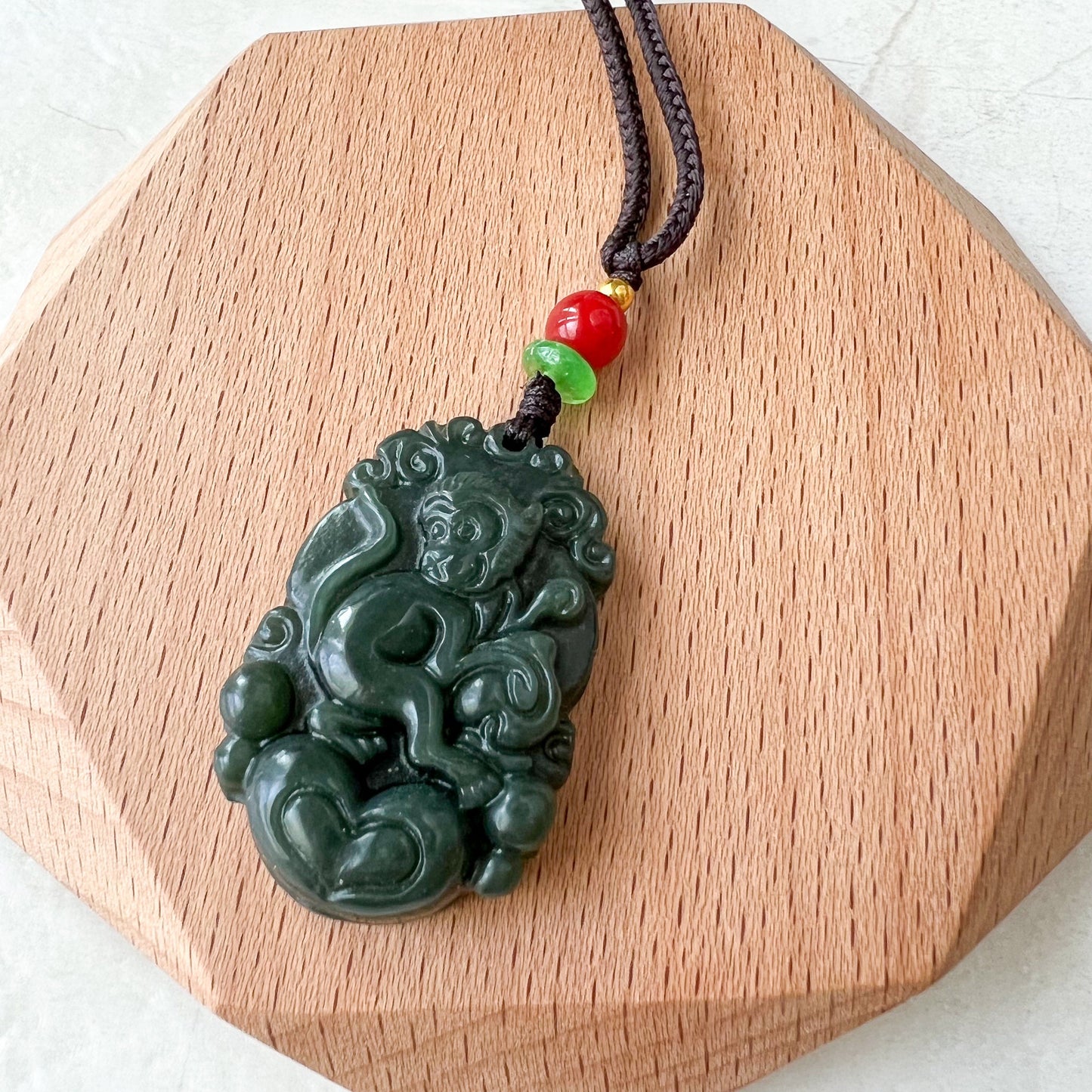 Monkey Chinese Zodiac Carved Pendant Necklace, Dark Green Nephrite Jade Necklace with Heart, RM-1221-1655303438 - AriaDesignCollection