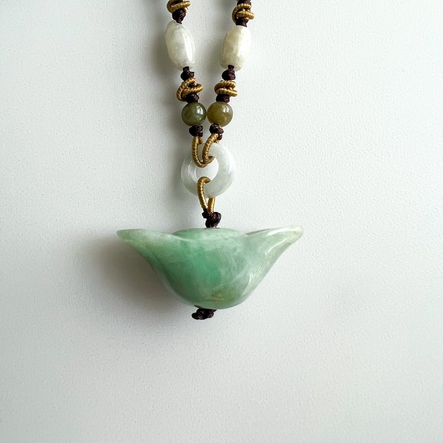 Jadeite Jade Wealth Charm, Ancient Ingot, 元宝, Hand Carved Jade Necklace, YW-0110-1655326212 - AriaDesignCollection