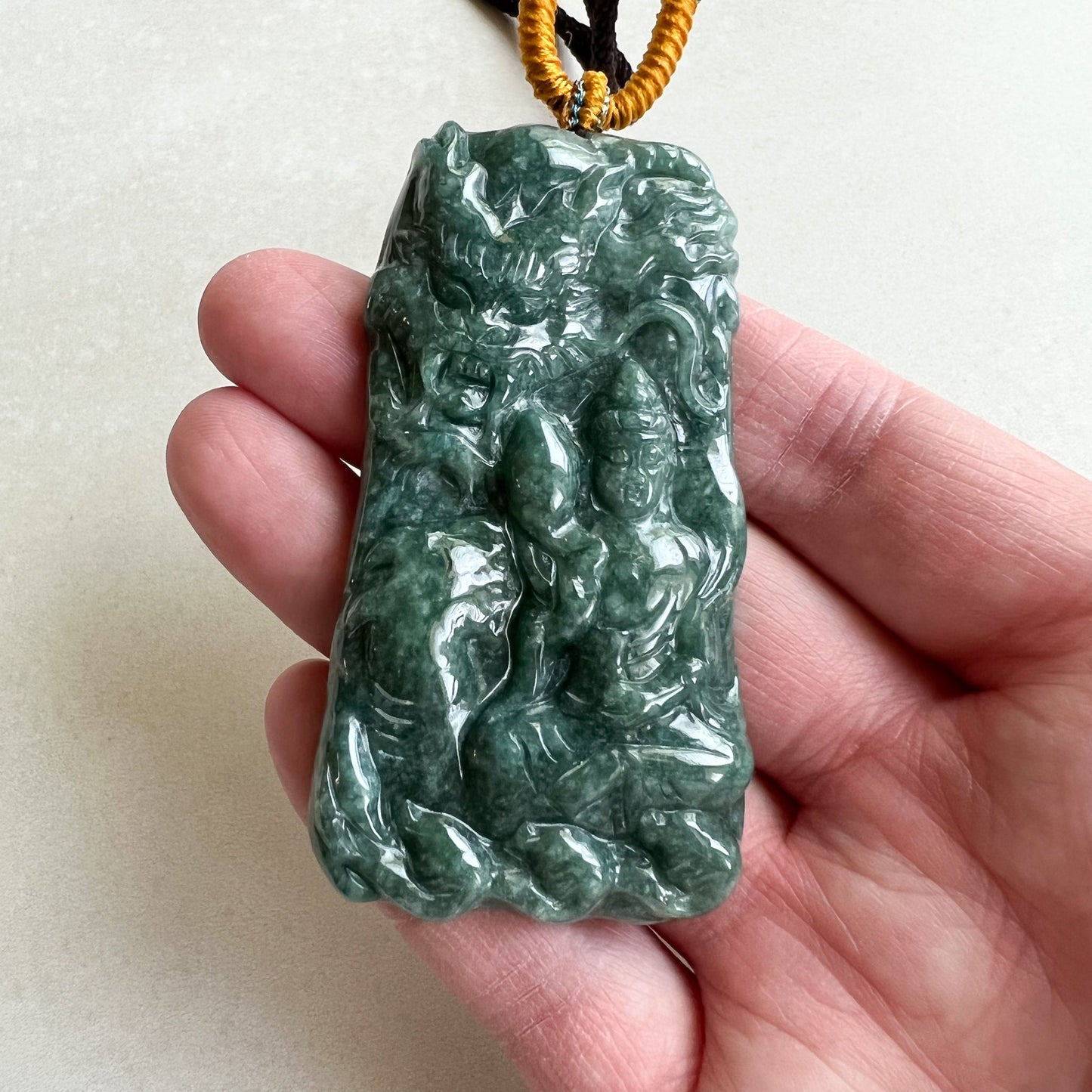 Jadeite Jade Guan Yin Kwan Yin Protected by Dragon Avalokitesvara, Quan Am, 观音, Hand Carved Pendant Necklace, YJ-0321-0262152 - AriaDesignCollection