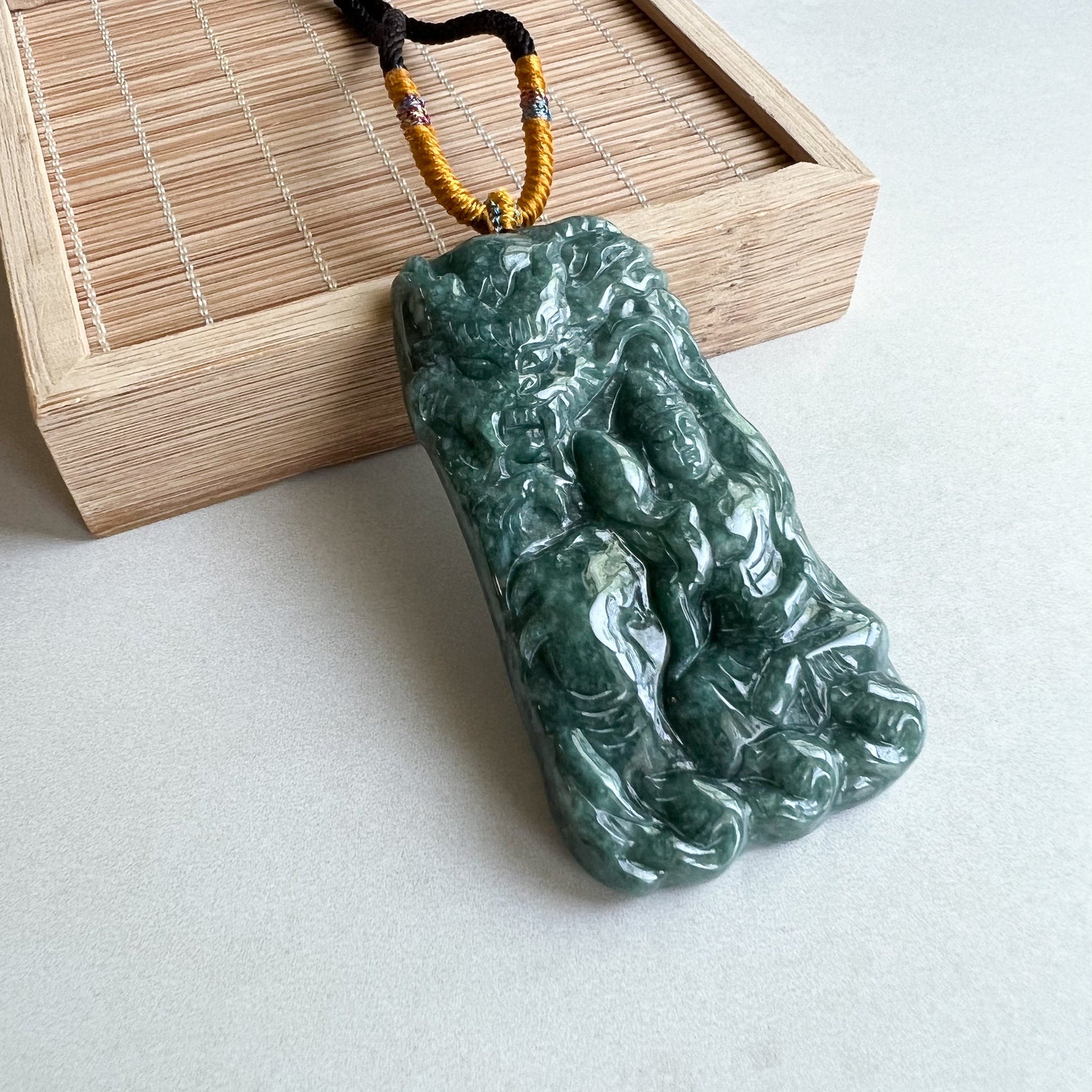 Jadeite Jade Guan Yin Kwan Yin Protected by Dragon Avalokitesvara, Quan Am, 观音, Hand Carved Pendant Necklace, YJ-0321-0262152 - AriaDesignCollection