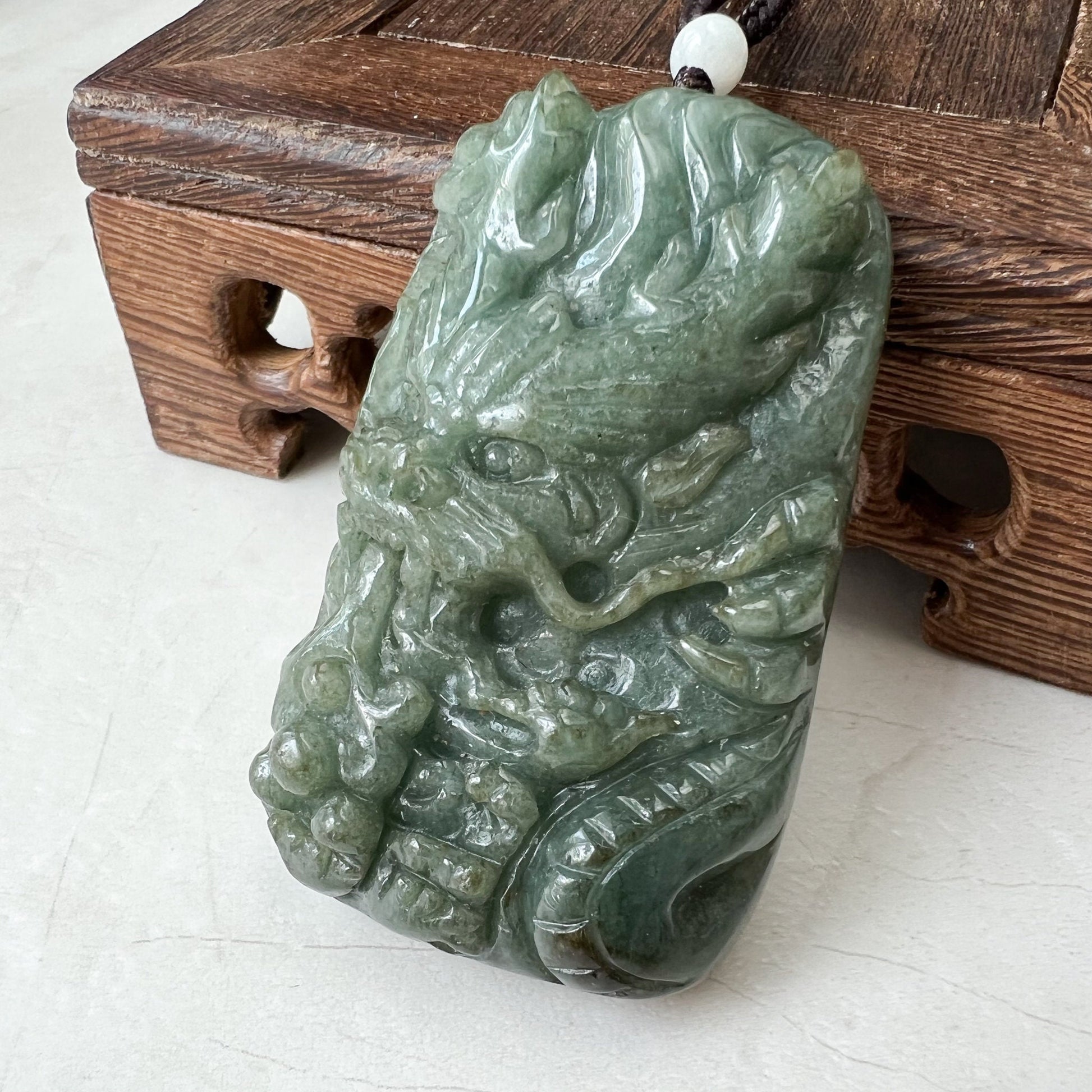 Large Jadeite Green Jade Dragon Chinese Zodiac Hand Carved Pendant Necklace, YJ-0322-0355301 - AriaDesignCollection