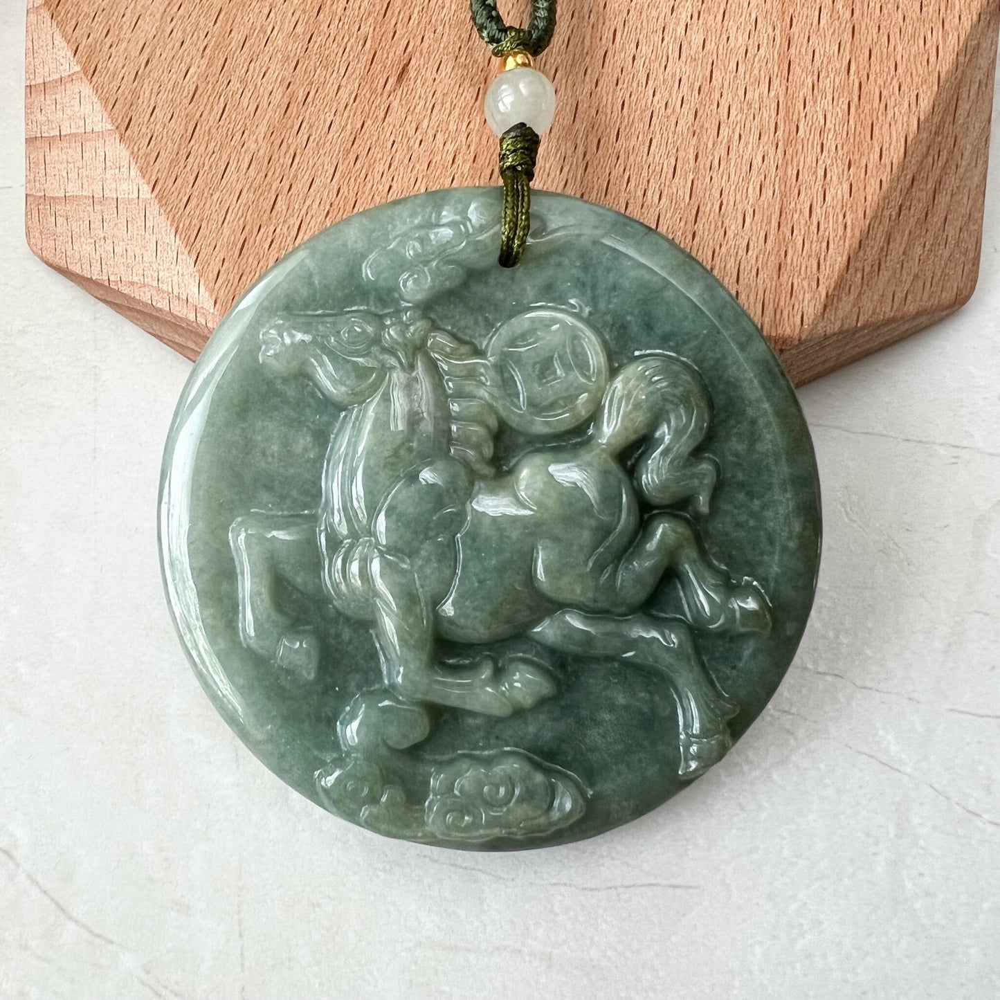 Green Horse Jade Jadeite Chinese Zodiac Carved Pendant Necklace, YJ-0322-0319663 - AriaDesignCollection