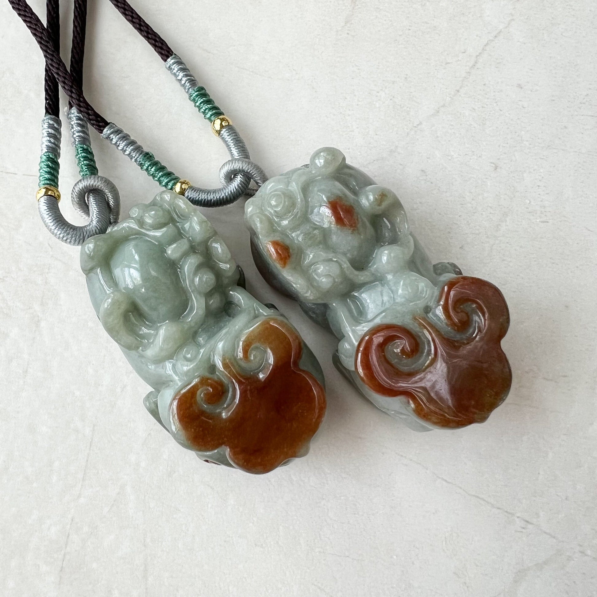 Pair Jadeite Jade Pi Xiu, Pi Yao, Red Green Jade, Dragon lion Chinese Carved Pendant, YJ-0322-0350874 - AriaDesignCollection