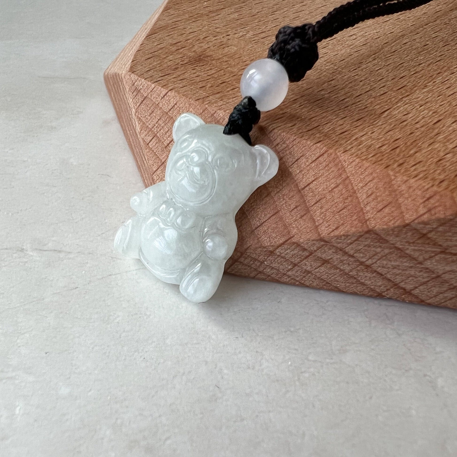 Icy White Jadeite Jade Teddy Bear Hand Carved Necklace, BNN-0622-1656513985 - AriaDesignCollection