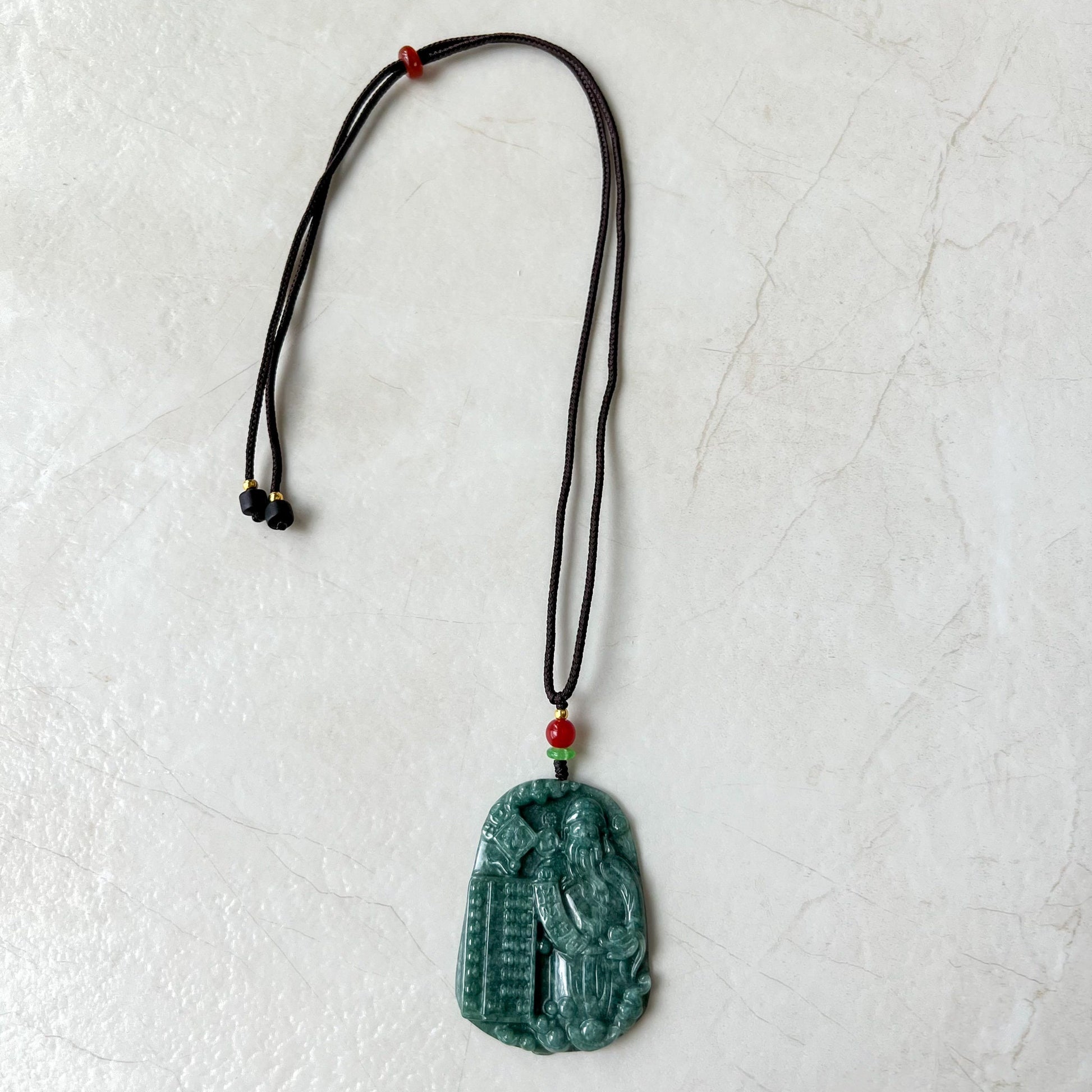 Green Jadeite Jade Fortune God, Caishen, God of Wealth, 财神, Hand Carved Pendant Necklace, YJ-0322-0405139 - AriaDesignCollection