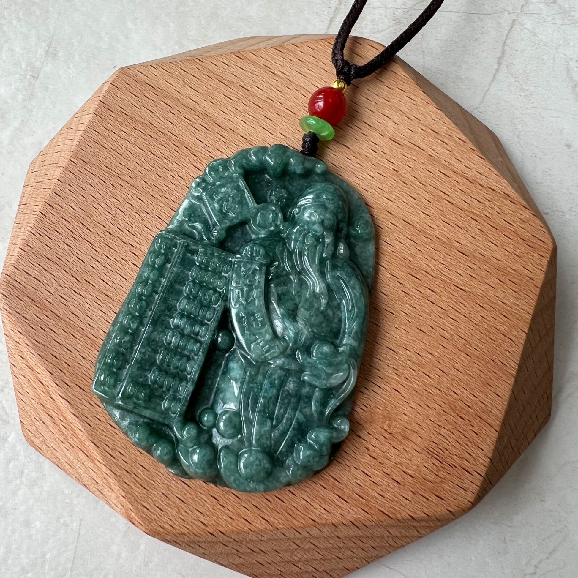 Green Jadeite Jade Fortune God, Caishen, God of Wealth, 财神, Hand Carved Pendant Necklace, YJ-0322-0405139 - AriaDesignCollection