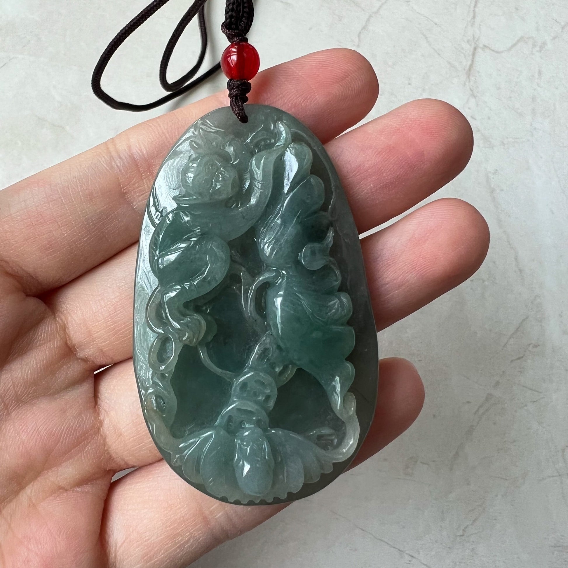 Jadeite Jade Monkey and Bat Floral Necklace, Chinese Zodiac Carved Pendant Necklace, YJ-0322-0404533 - AriaDesignCollection