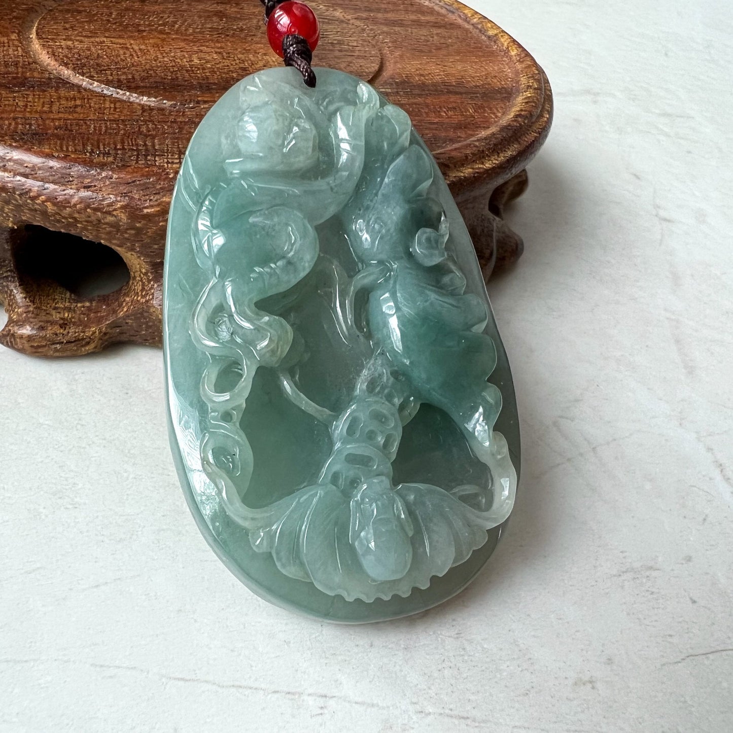 Jadeite Jade Monkey and Bat Floral Necklace, Chinese Zodiac Carved Pendant Necklace, YJ-0322-0404533 - AriaDesignCollection