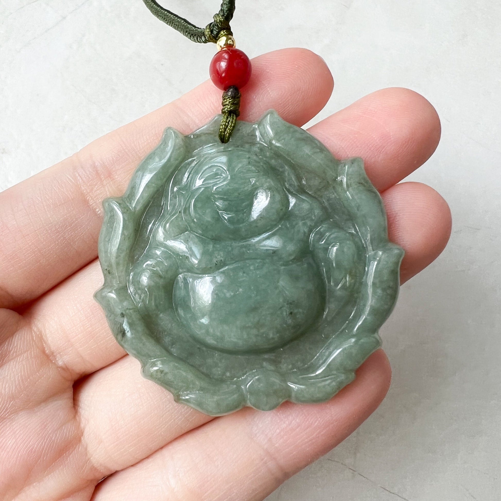 Green Jadeite Jade Happy Buddha Carved Jadeite Pendant, Budai, YJ-0322-0336515-1 - AriaDesignCollection