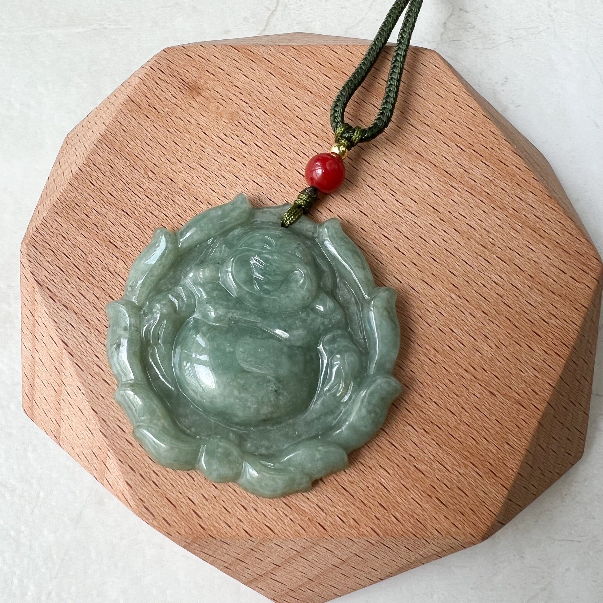 Green Jadeite Jade Happy Buddha Carved Jadeite Pendant, Budai, YJ-0322-0336515-1 - AriaDesignCollection