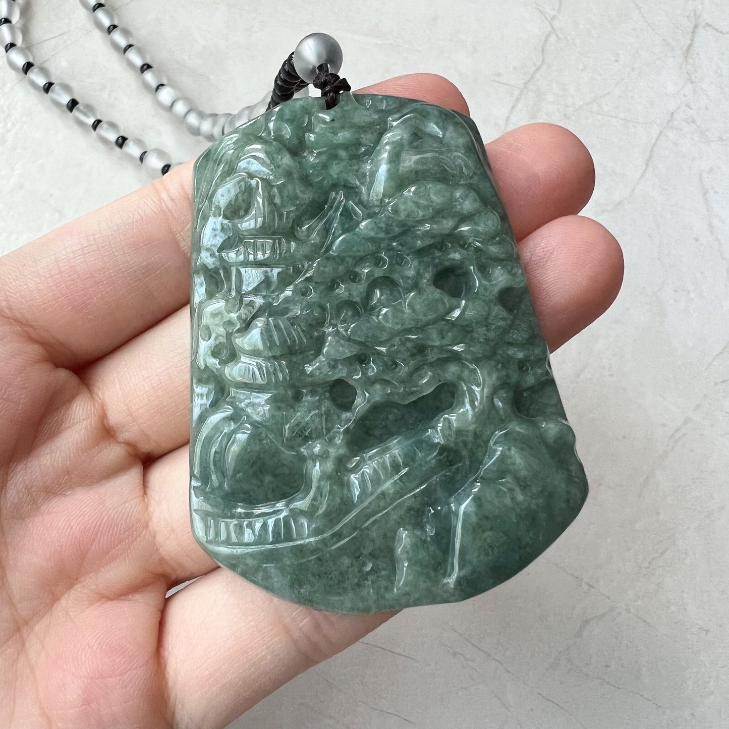 Jadeite Jade Landscape Tree Mountain Forest River Scenery Hand Carved Pendant Necklace, YJ-0921-0114512 - AriaDesignCollection