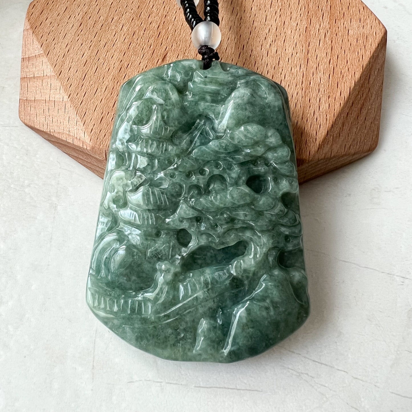 Jadeite Jade Landscape Tree Mountain Forest River Scenery Hand Carved Pendant Necklace, YJ-0921-0114512 - AriaDesignCollection