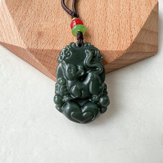 Rat Mouse Pendant, Dark Green and Black Nephrite Jade, Chinese Zodiac Carved Pendant Necklace with Jade Heart, RM-1221-1655128578 - AriaDesignCollection