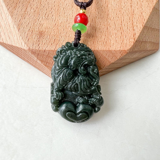 Nephrite Jade Tiger, Dark Green Jade, Chinese Zodiac Carved Jade Heart Pendant Necklace, RM-1221-1655130992 - AriaDesignCollection
