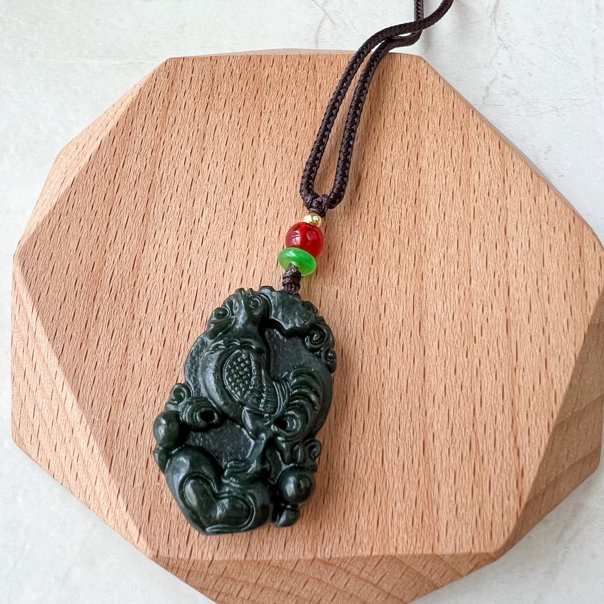 Rooster Chicken Chinese Zodiac, Nephrite Jade Dark Green Carved Pendant Necklace, RM-1221-1655225324 - AriaDesignCollection