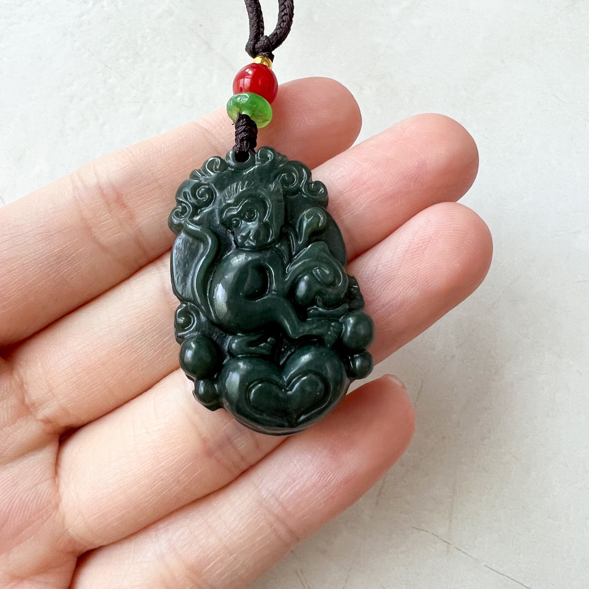 Monkey Chinese Zodiac Carved Pendant Necklace, Dark Green Nephrite Jade Necklace with Heart, RM-1221-1655303438 - AriaDesignCollection