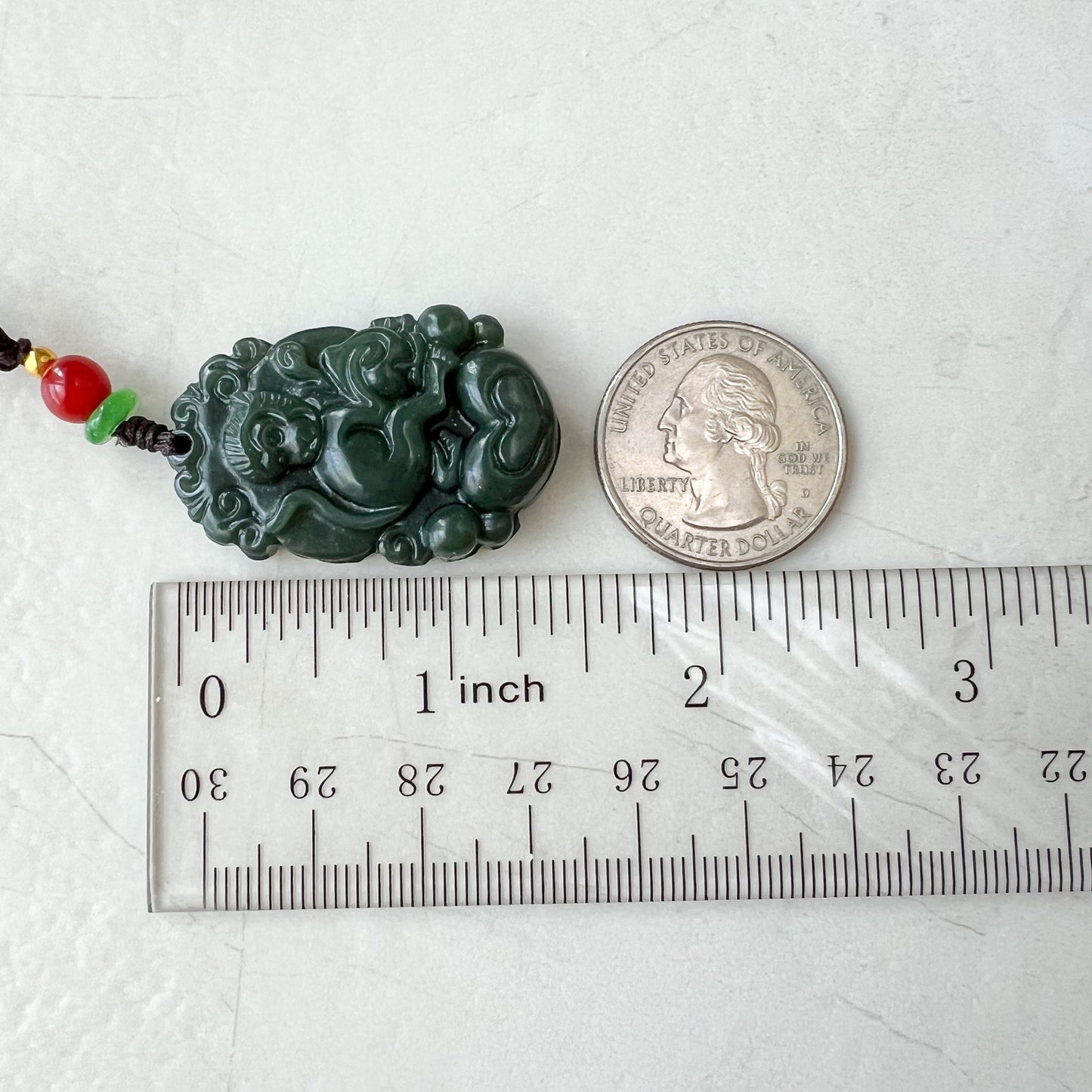 Monkey Chinese Zodiac Carved Pendant Necklace, Dark Green Nephrite Jade Necklace with Heart, RM-1221-1655303438 - AriaDesignCollection