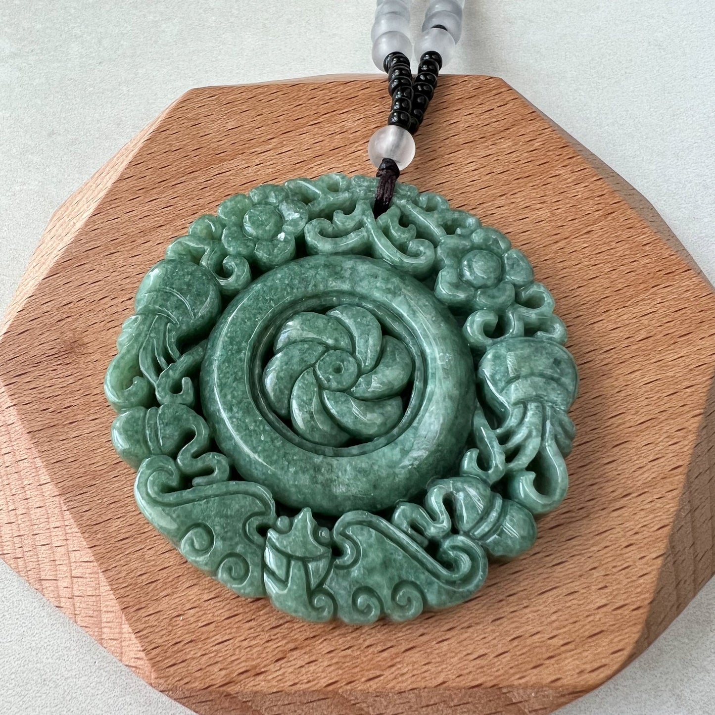 Large Green Jadeite Jade Flower Swirl Necklace, YJ-0622-0441823 - AriaDesignCollection