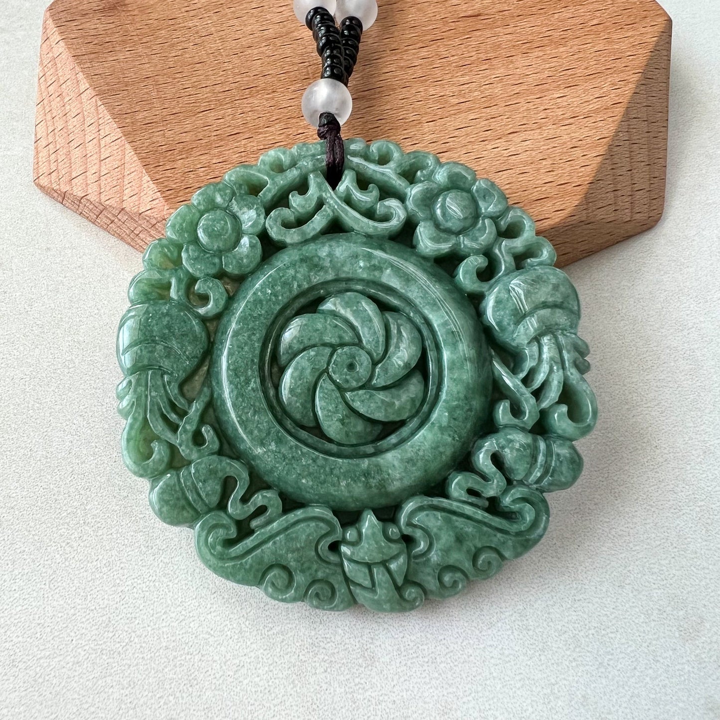 Large Green Jadeite Jade Flower Swirl Necklace, YJ-0622-0441823 - AriaDesignCollection