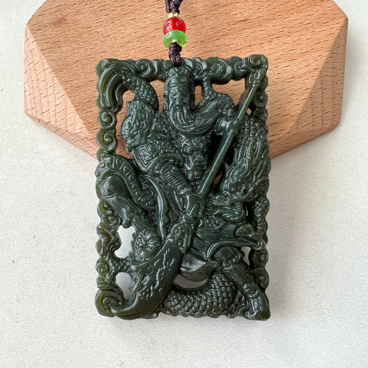 Nephrite Jade Guan Yu Guan Gong Carved Pendant Necklace, Dark Green Jade, 关公, RM-1221-1657824018 - AriaDesignCollection