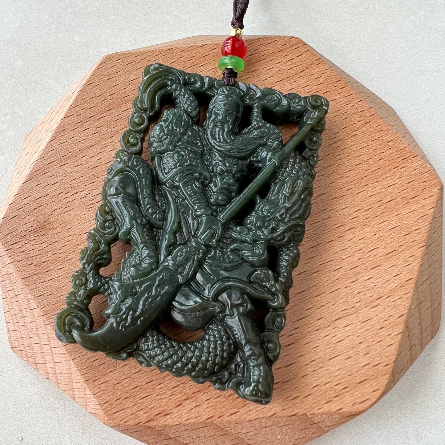 Nephrite Jade Guan Yu Guan Gong Carved Pendant Necklace, Dark Green Jade, 关公, RM-1221-1657824018 - AriaDesignCollection