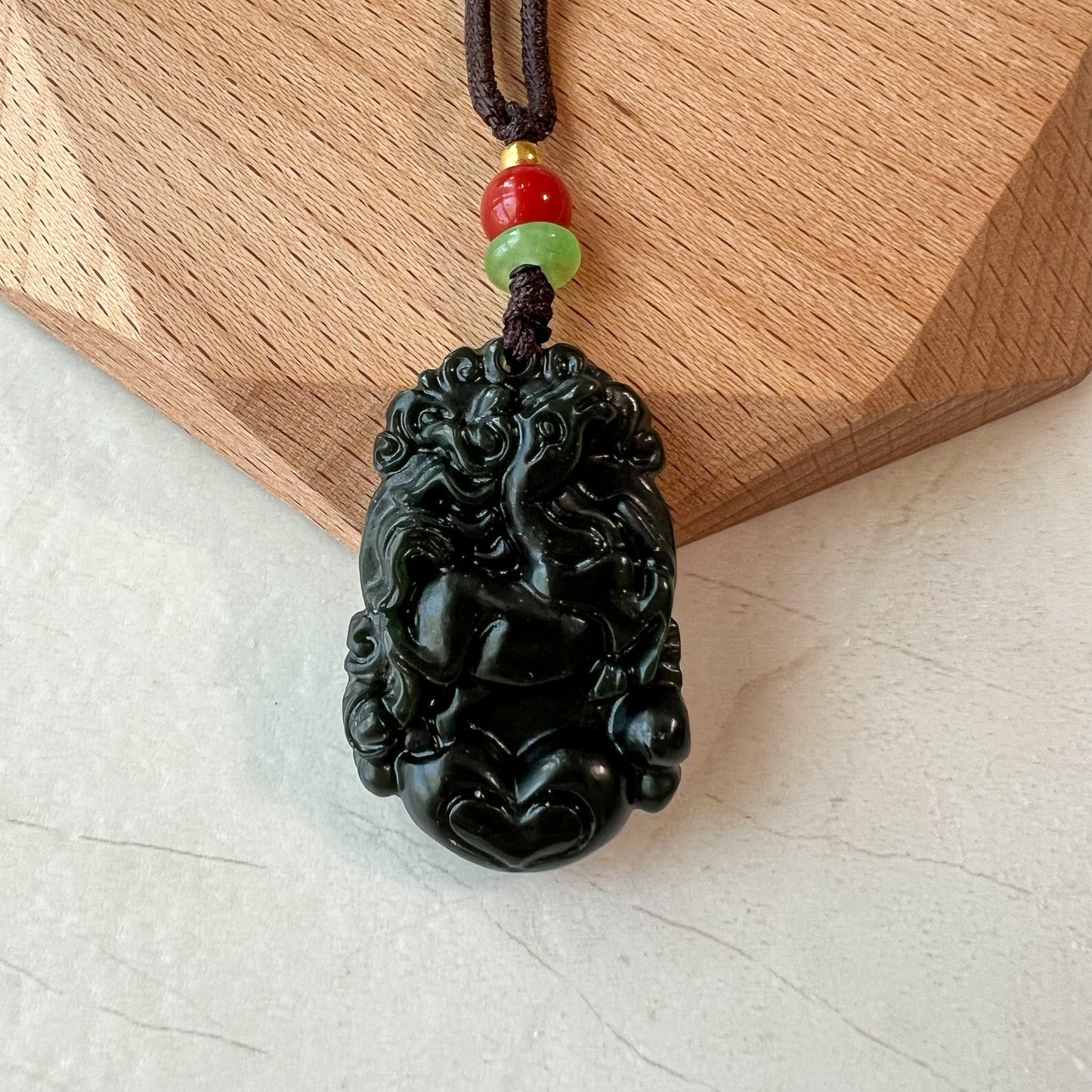 Dark Green Horse Nephrite Jade Chinese Zodiac Carved Pendant Necklace, RM-1221-1657826668 - AriaDesignCollection