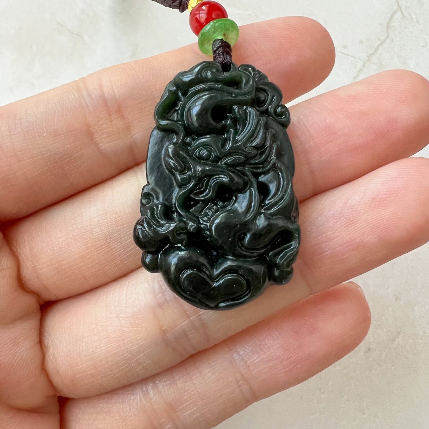 Dark Green, Nephrite Jade Dragon Zodiac Hand Carved Necklace, RM-1221-1657829558 - AriaDesignCollection