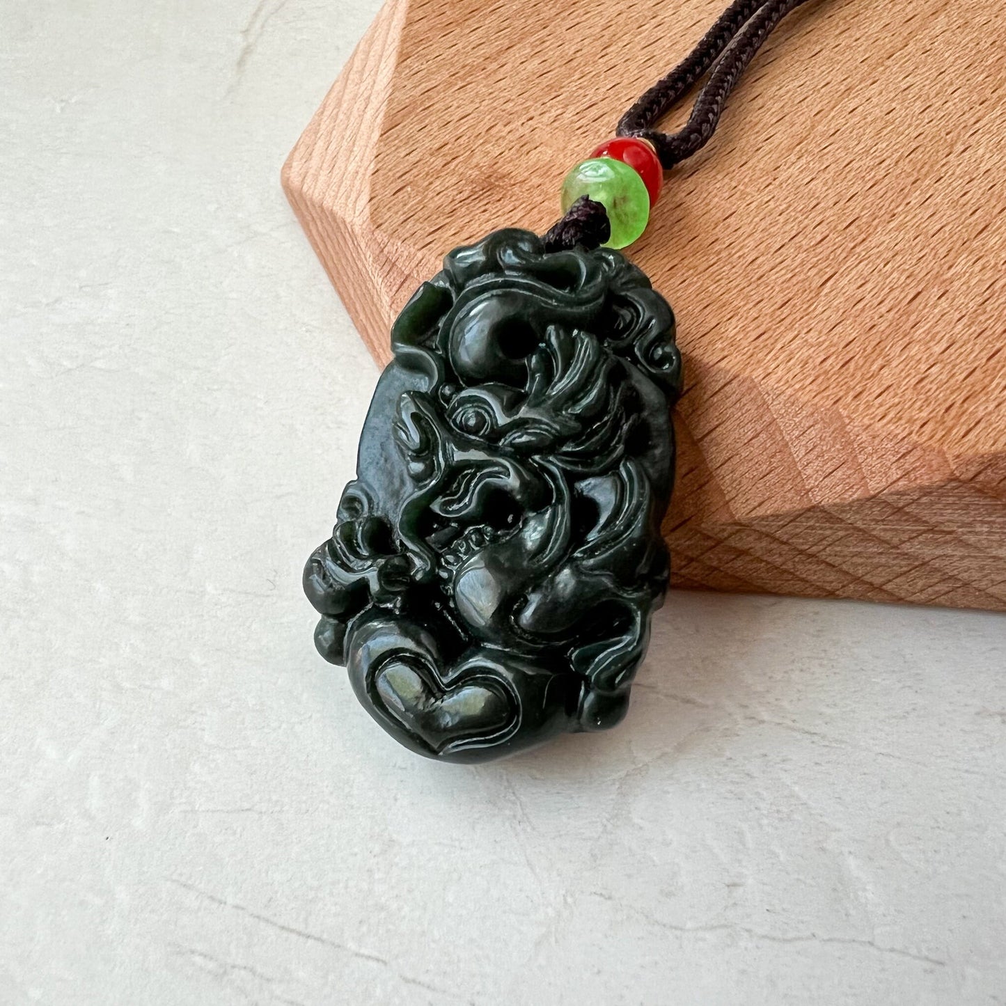 Dark Green, Nephrite Jade Dragon Zodiac Hand Carved Necklace, RM-1221-1657829558 - AriaDesignCollection