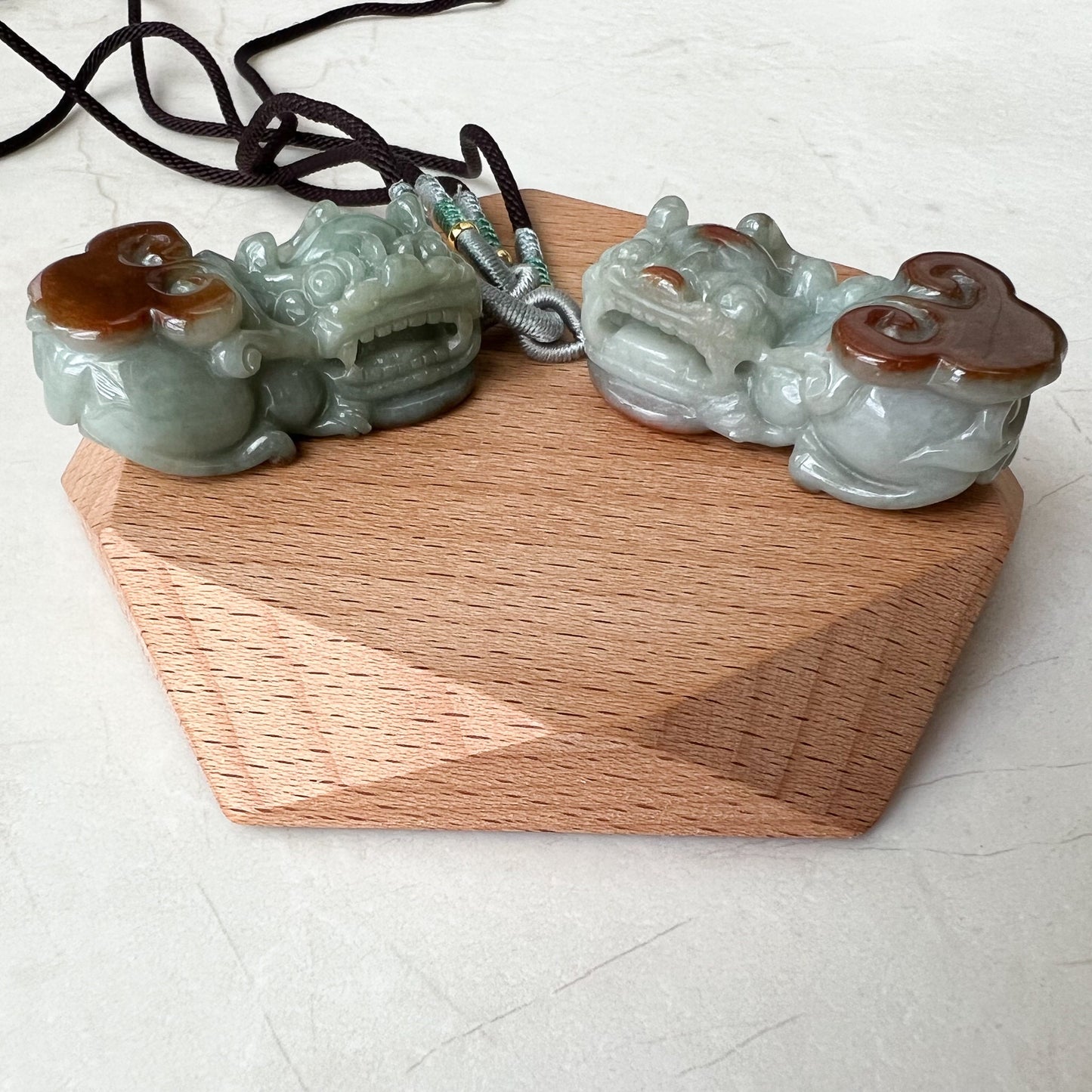 Pair Jadeite Jade Pi Xiu, Pi Yao, Red Green Jade, Dragon lion Chinese Carved Pendant, YJ-0322-0350874 - AriaDesignCollection