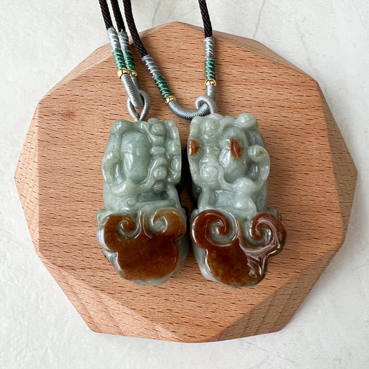 Pair Jadeite Jade Pi Xiu, Pi Yao, Red Green Jade, Dragon lion Chinese Carved Pendant, YJ-0322-0350874 - AriaDesignCollection