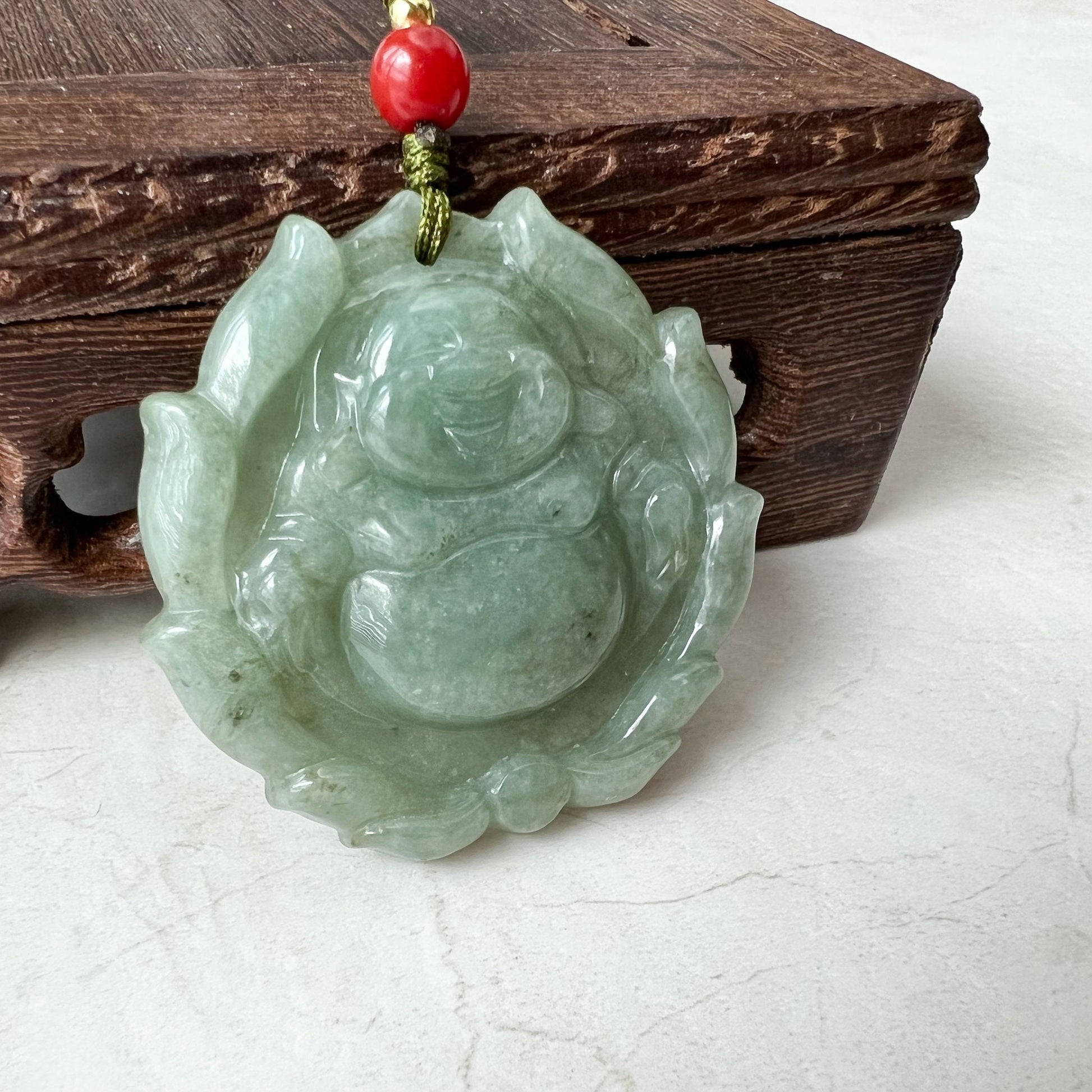 Green Jadeite Jade Happy Buddha Carved Jadeite Pendant, Budai, YJ-0322-0336515-1 - AriaDesignCollection