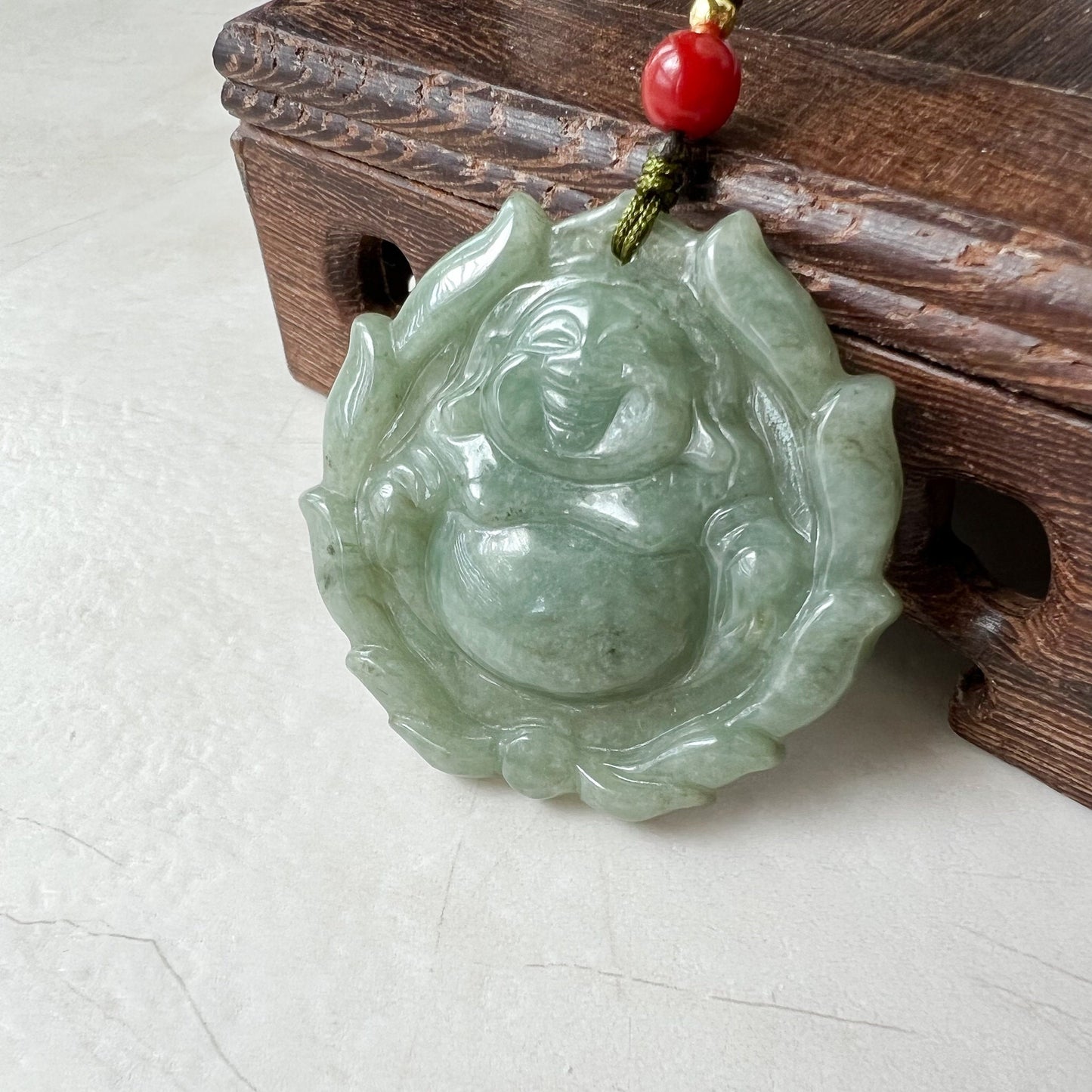 Green Jadeite Jade Happy Buddha Carved Jadeite Pendant, Budai, YJ-0322-0336515-1 - AriaDesignCollection