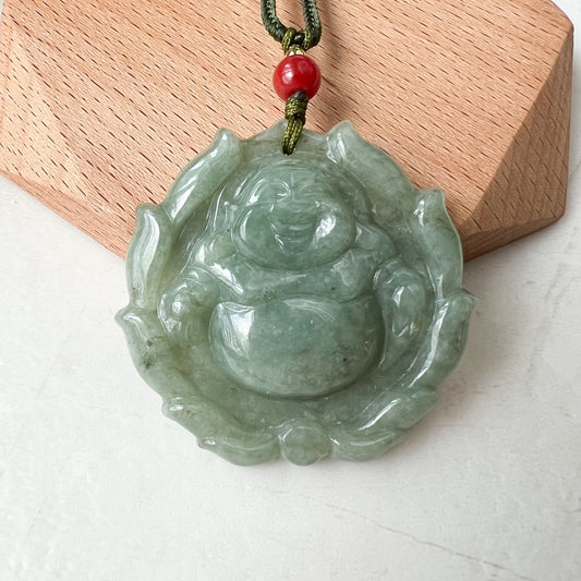 Green Jadeite Jade Happy Buddha Carved Jadeite Pendant, Budai, YJ-0322-0336515-1 - AriaDesignCollection