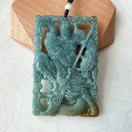 Large Green Jadeite Jade Guan Yu Guan Gong Carved Pendant Necklace, ZYF-1221-1656806921 - AriaDesignCollection