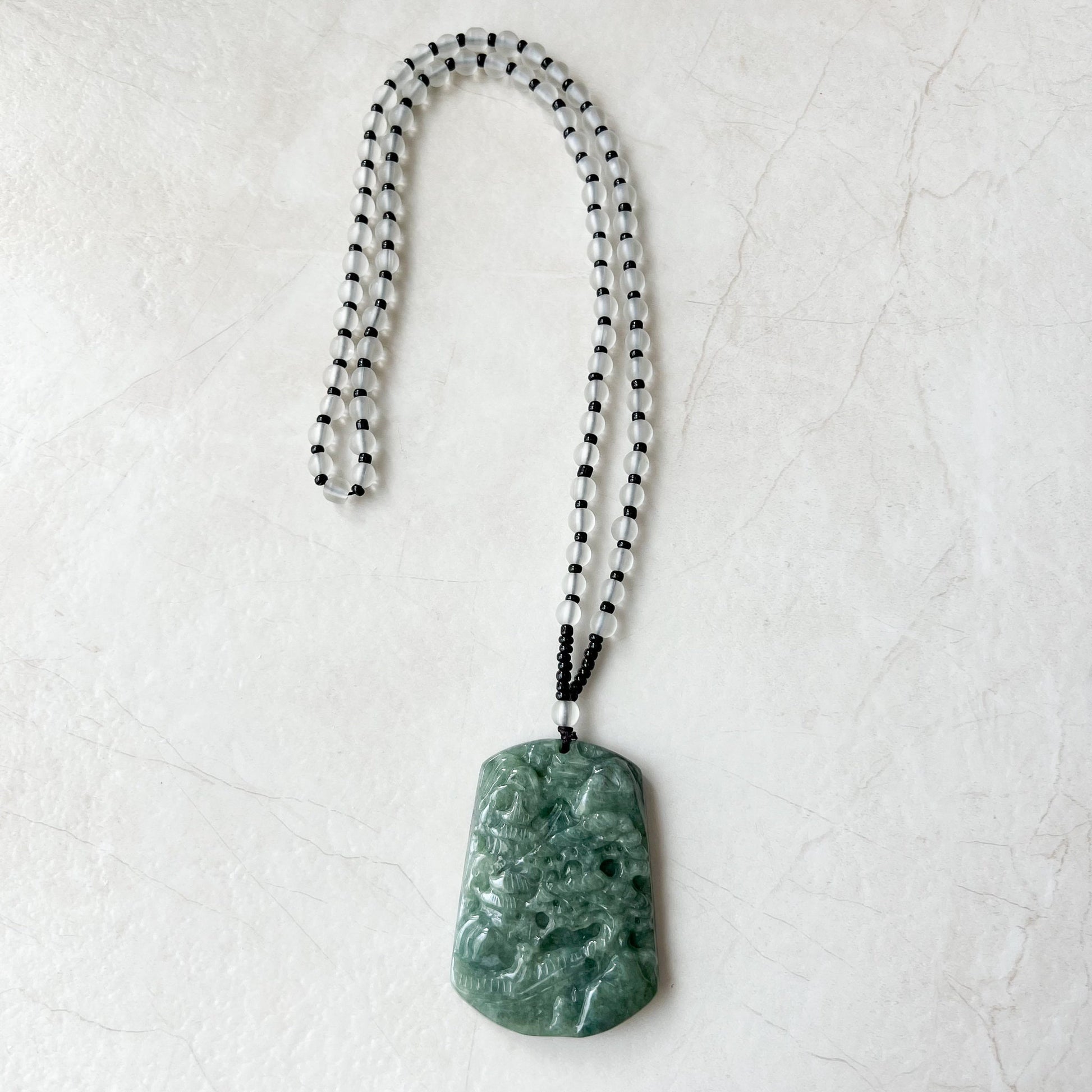 Jadeite Jade Landscape Tree Mountain Forest River Scenery Hand Carved Pendant Necklace, YJ-0921-0114512 - AriaDesignCollection