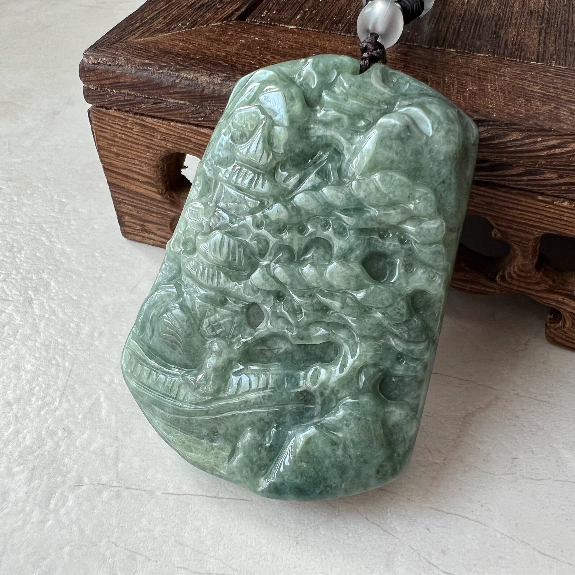 Jadeite Jade Landscape Tree Mountain Forest River Scenery Hand Carved Pendant Necklace, YJ-0921-0114512 - AriaDesignCollection