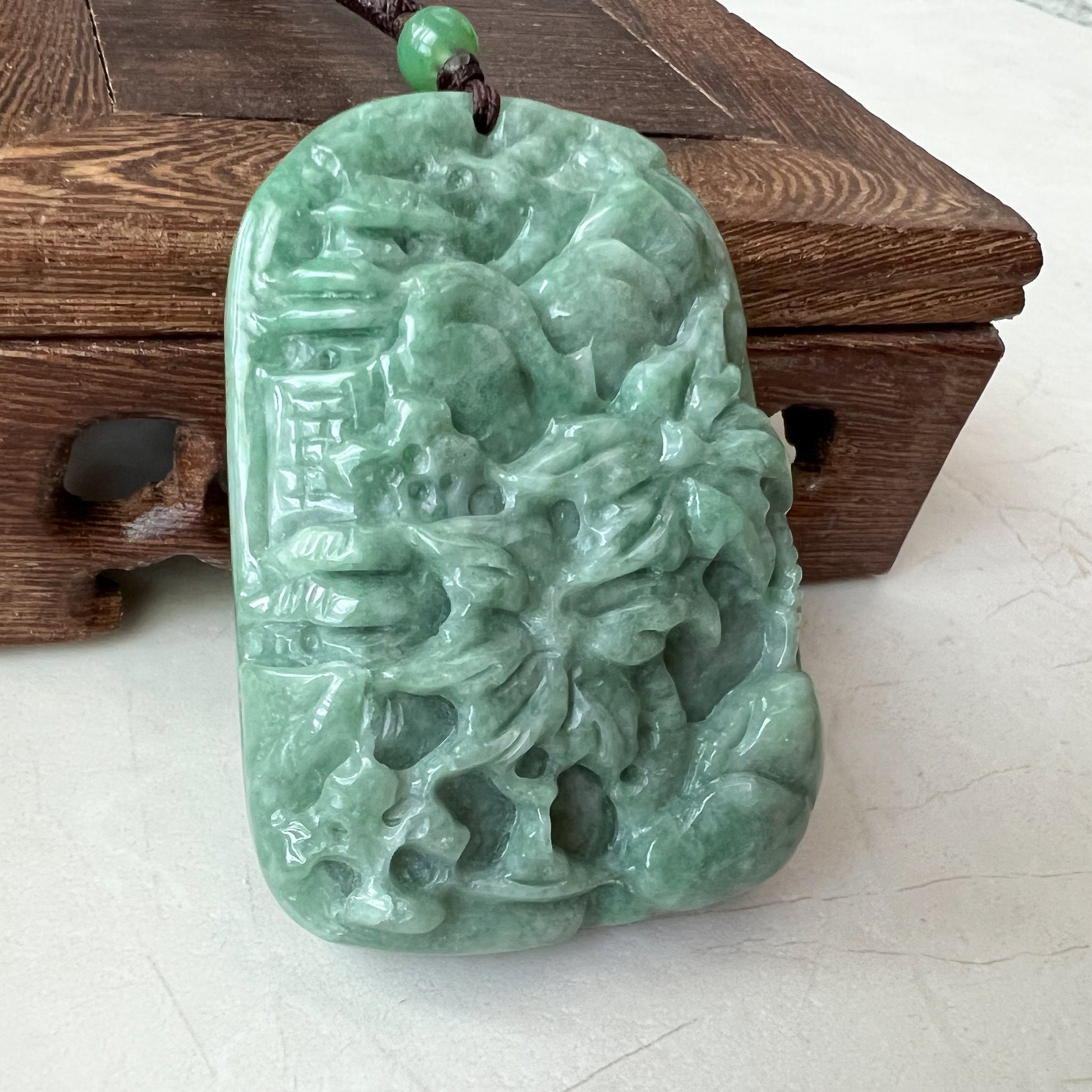 Jadeite Jade Landscape, Hawaiian style, Tree Mountain Forest River Scenery Hand Carved Pendant Necklace, YJ-0921-0108244 - AriaDesignCollection