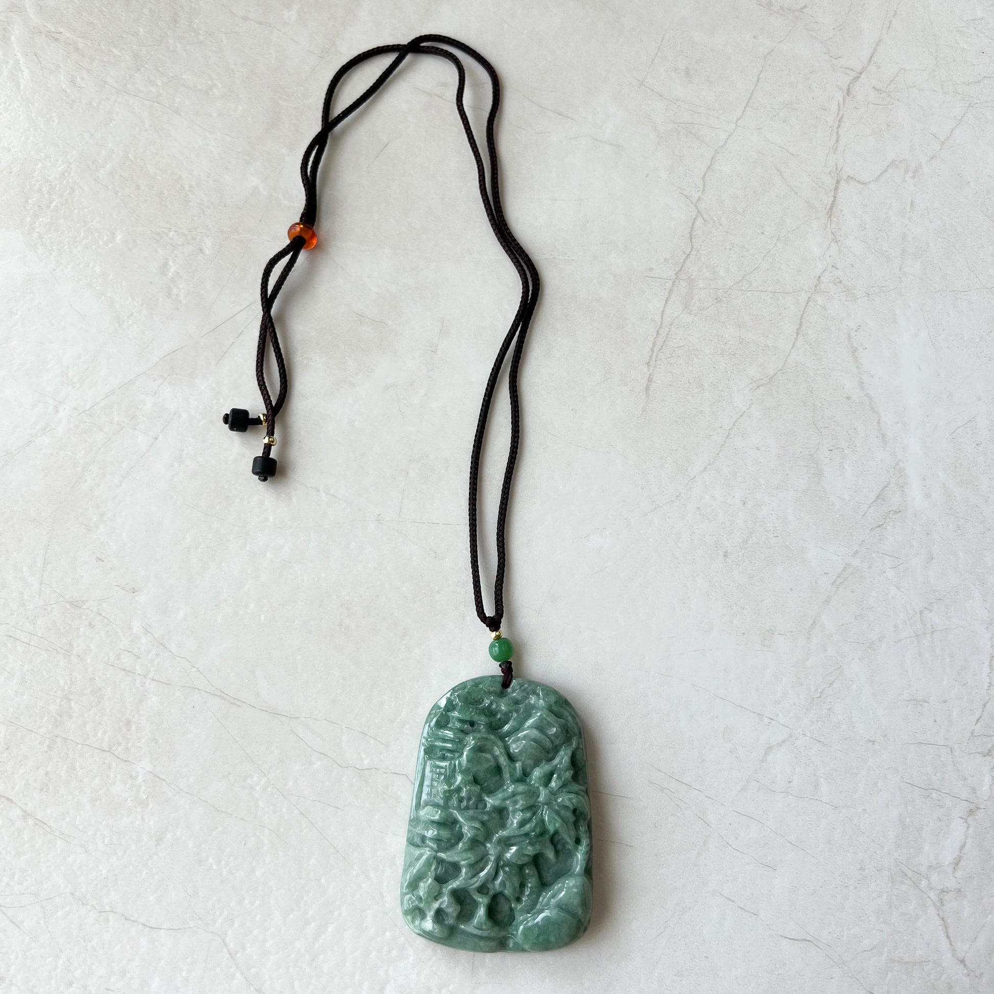 Jadeite Jade Landscape, Hawaiian style, Tree Mountain Forest River Scenery Hand Carved Pendant Necklace, YJ-0921-0108244 - AriaDesignCollection