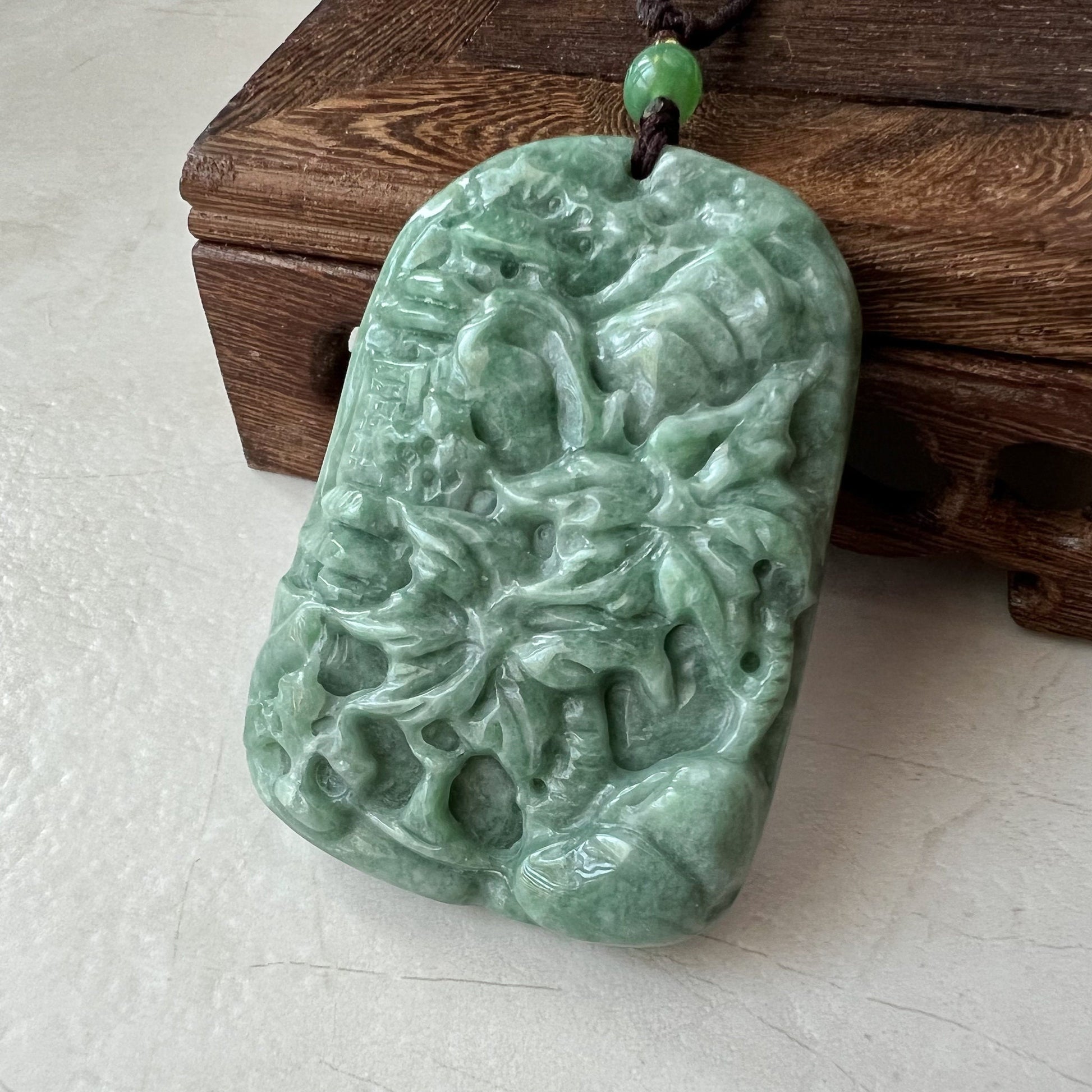 Jadeite Jade Landscape, Hawaiian style, Tree Mountain Forest River Scenery Hand Carved Pendant Necklace, YJ-0921-0108244 - AriaDesignCollection
