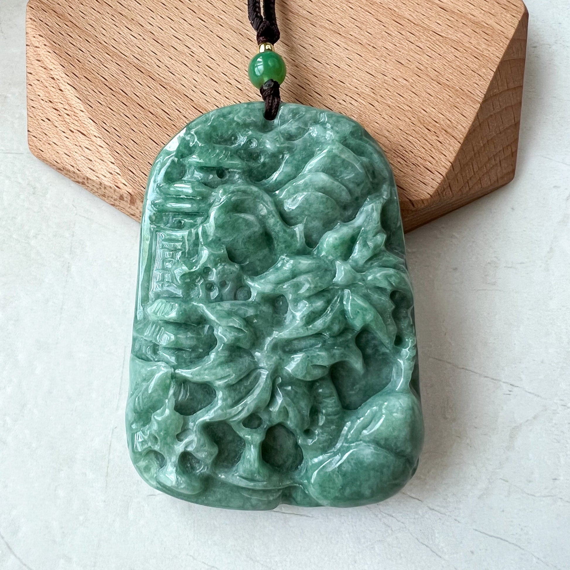 Jadeite Jade Landscape, Hawaiian style, Tree Mountain Forest River Scenery Hand Carved Pendant Necklace, YJ-0921-0108244 - AriaDesignCollection