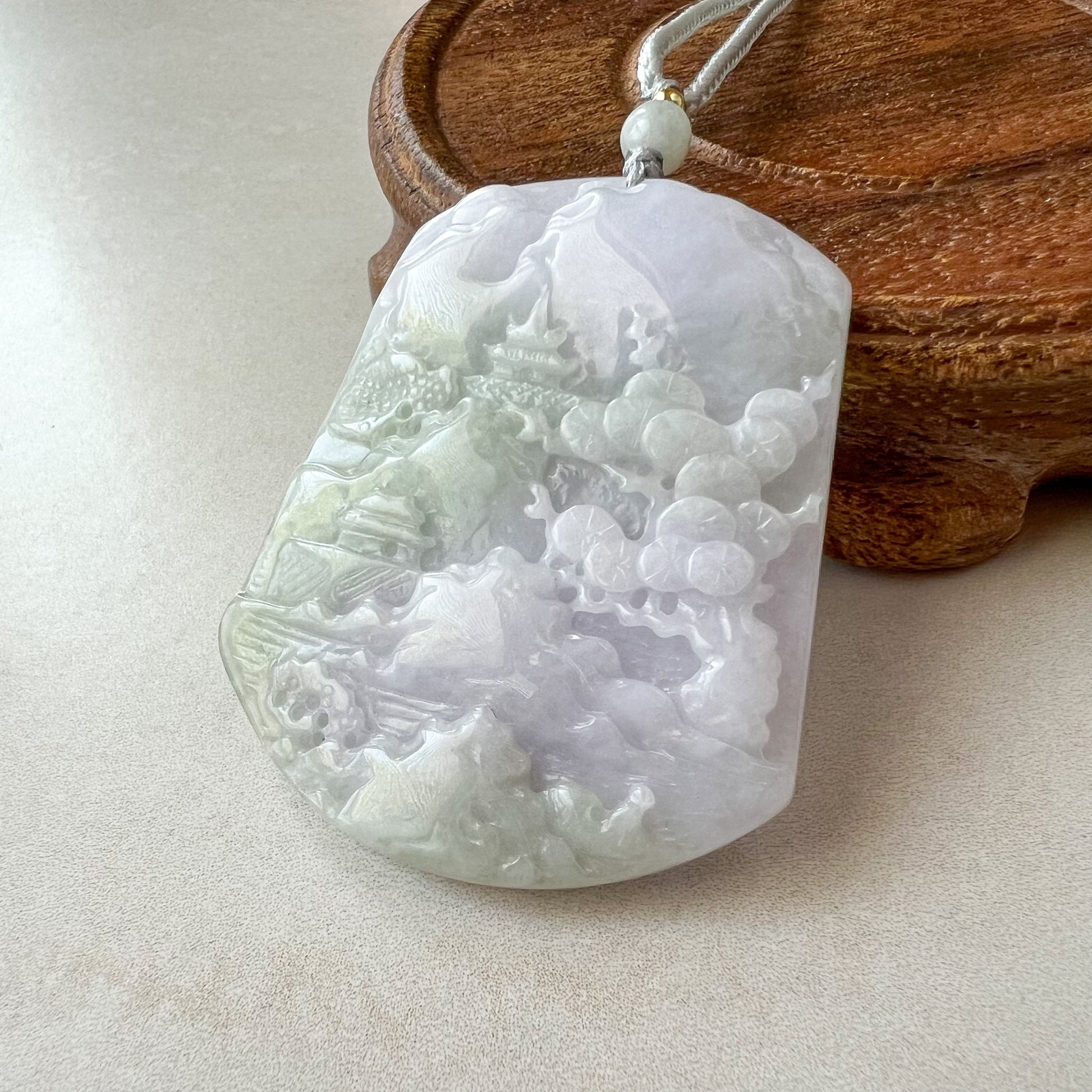 Purple Green Jade, Jadeite Jade Tree, Landscape Mountain Forest River Scenery Hand Carved Pendant Necklace, HYFC-0622-1659050470 - AriaDesignCollection