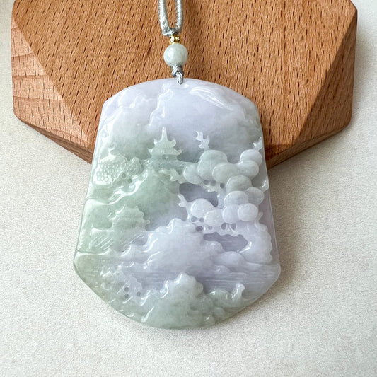 Purple Green Jade, Jadeite Jade Tree, Landscape Mountain Forest River Scenery Hand Carved Pendant Necklace, HYFC-0622-1659050470 - AriaDesignCollection