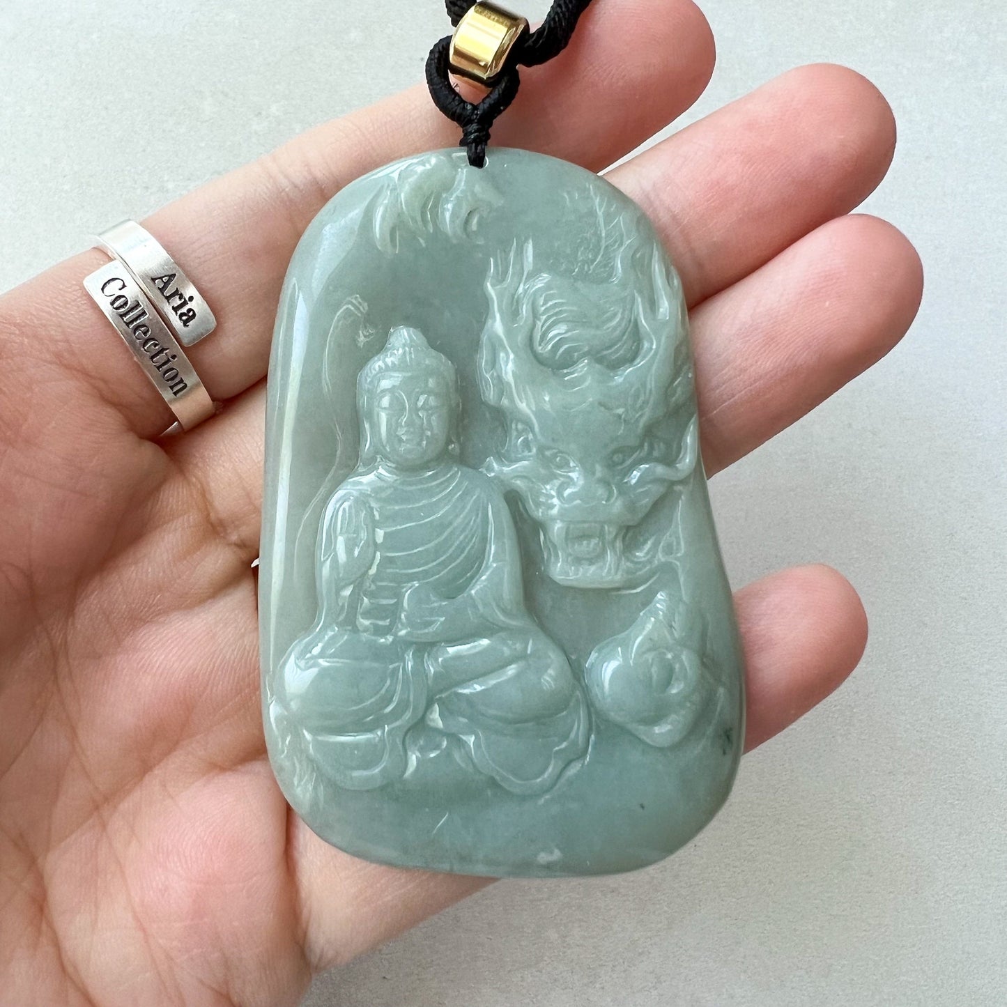 Jadeite Jade Amitabha Buddha Amita Amida and Dragon, Green Carved Pendant Necklace, YJ-0622-0397564 - AriaDesignCollection