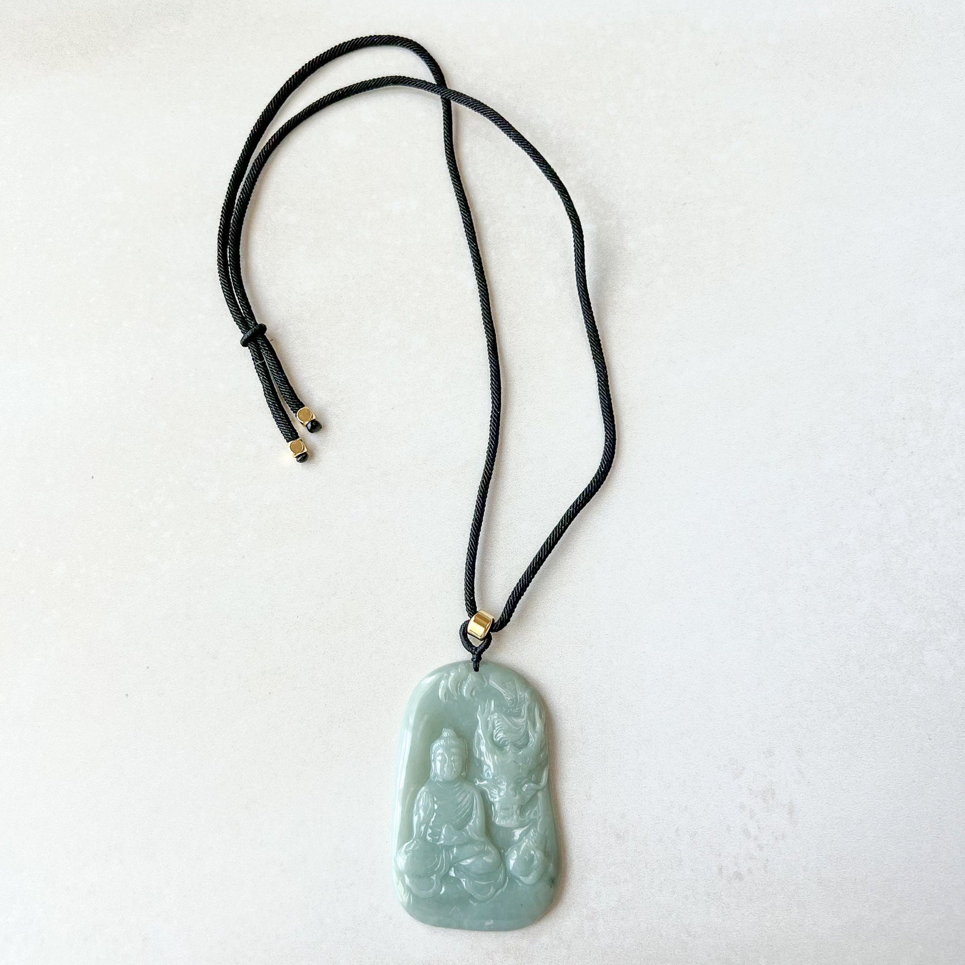 Jadeite Jade Amitabha Buddha Amita Amida and Dragon, Green Carved Pendant Necklace, YJ-0622-0397564 - AriaDesignCollection