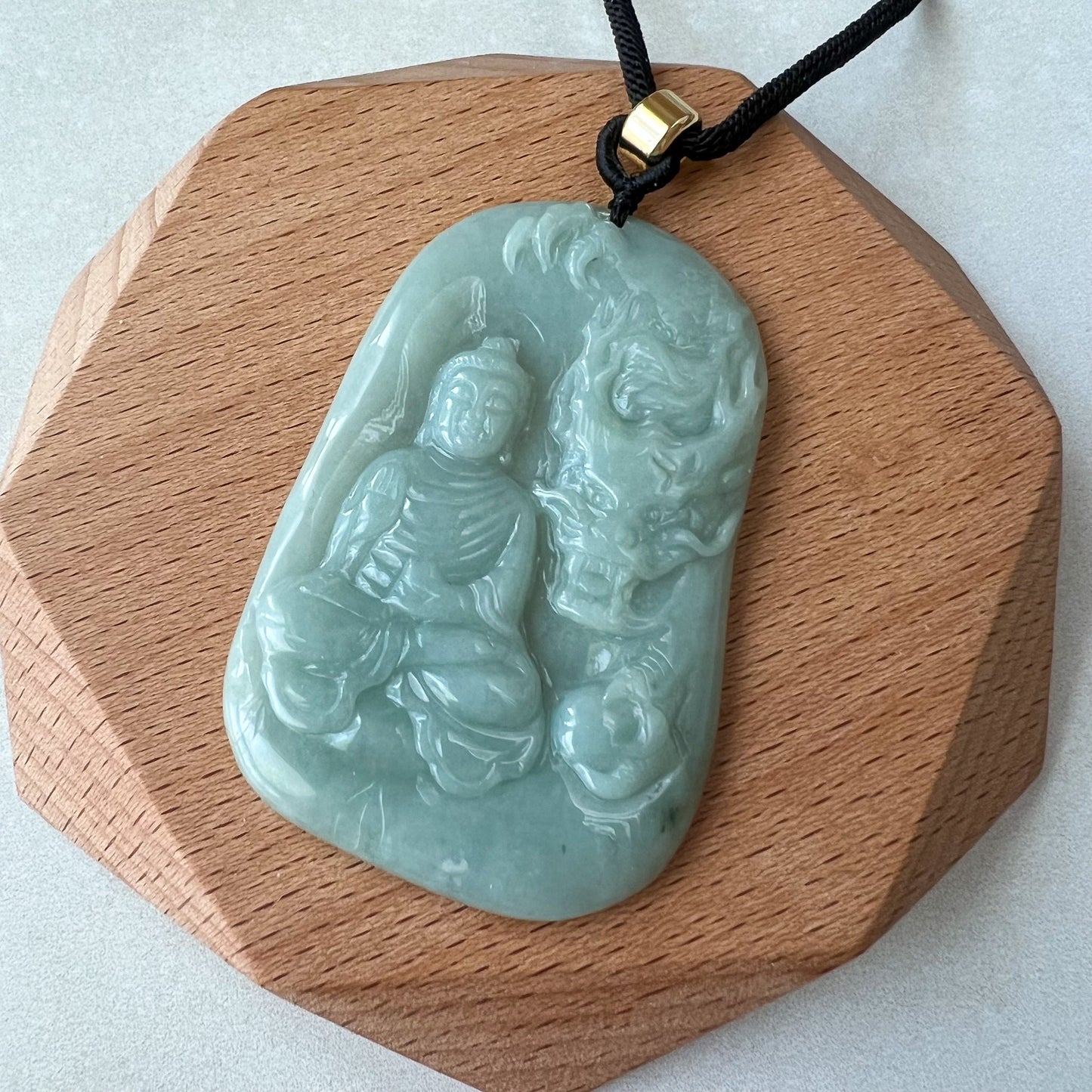 Jadeite Jade Amitabha Buddha Amita Amida and Dragon, Green Carved Pendant Necklace, YJ-0622-0397564 - AriaDesignCollection